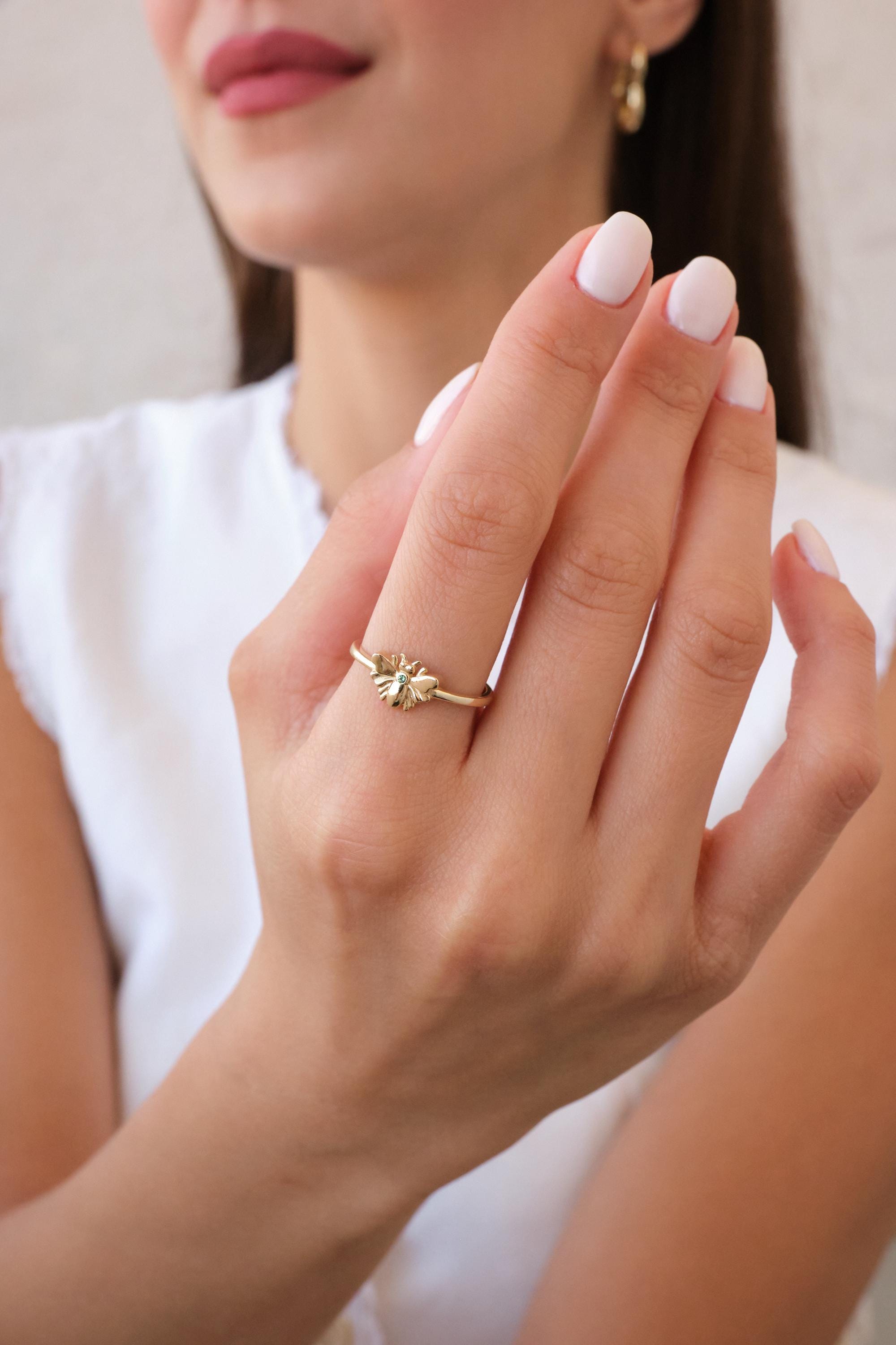 14K Gold Bee Ring, Minimal Honey Bee Gold Ring, Dainty Nature Inspired Ring, Everyday Real Gold Jewelry Gift for Her