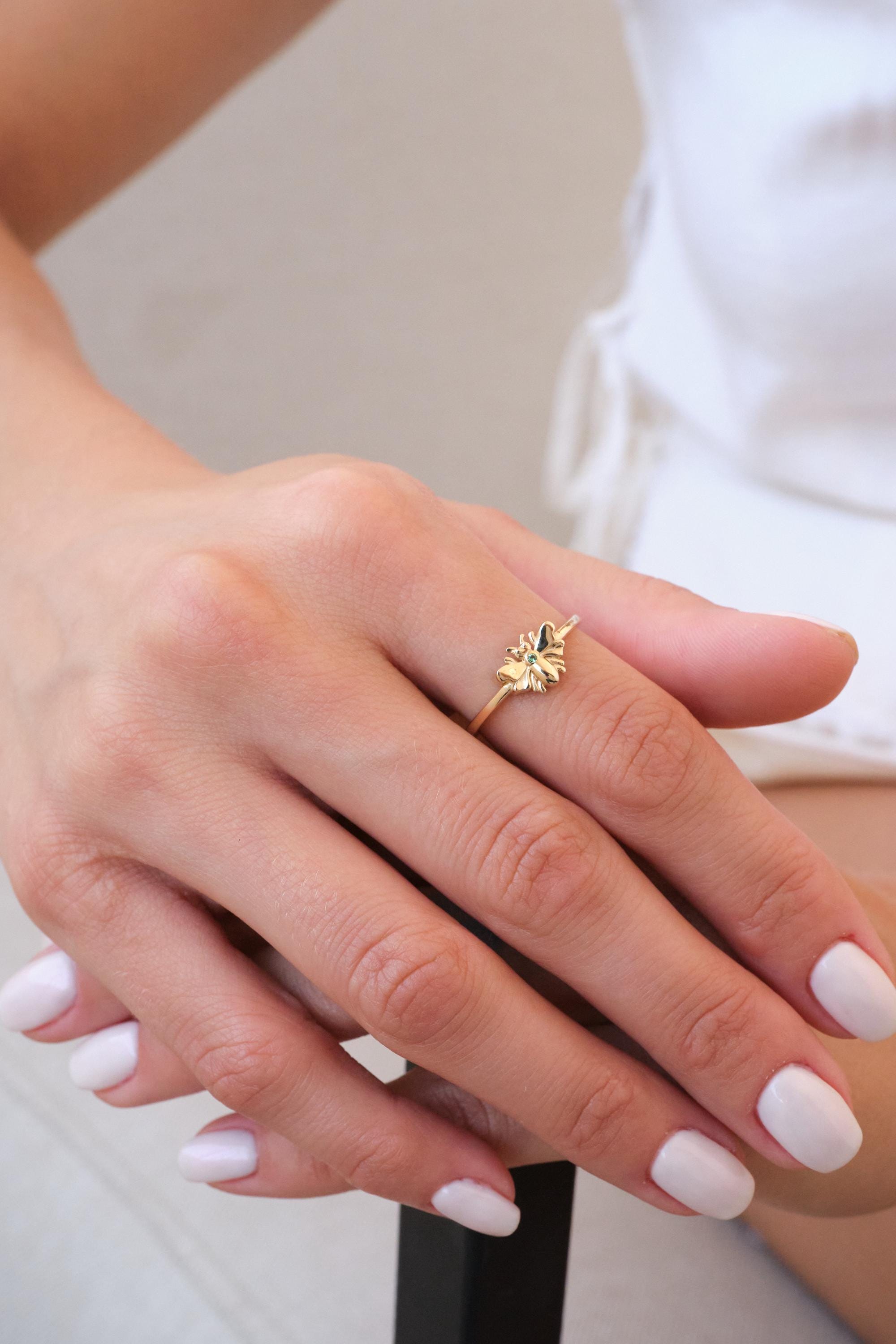 14K Gold Bee Ring, Minimal Honey Bee Gold Ring, Dainty Nature Inspired Ring, Everyday Real Gold Jewelry Gift for Her