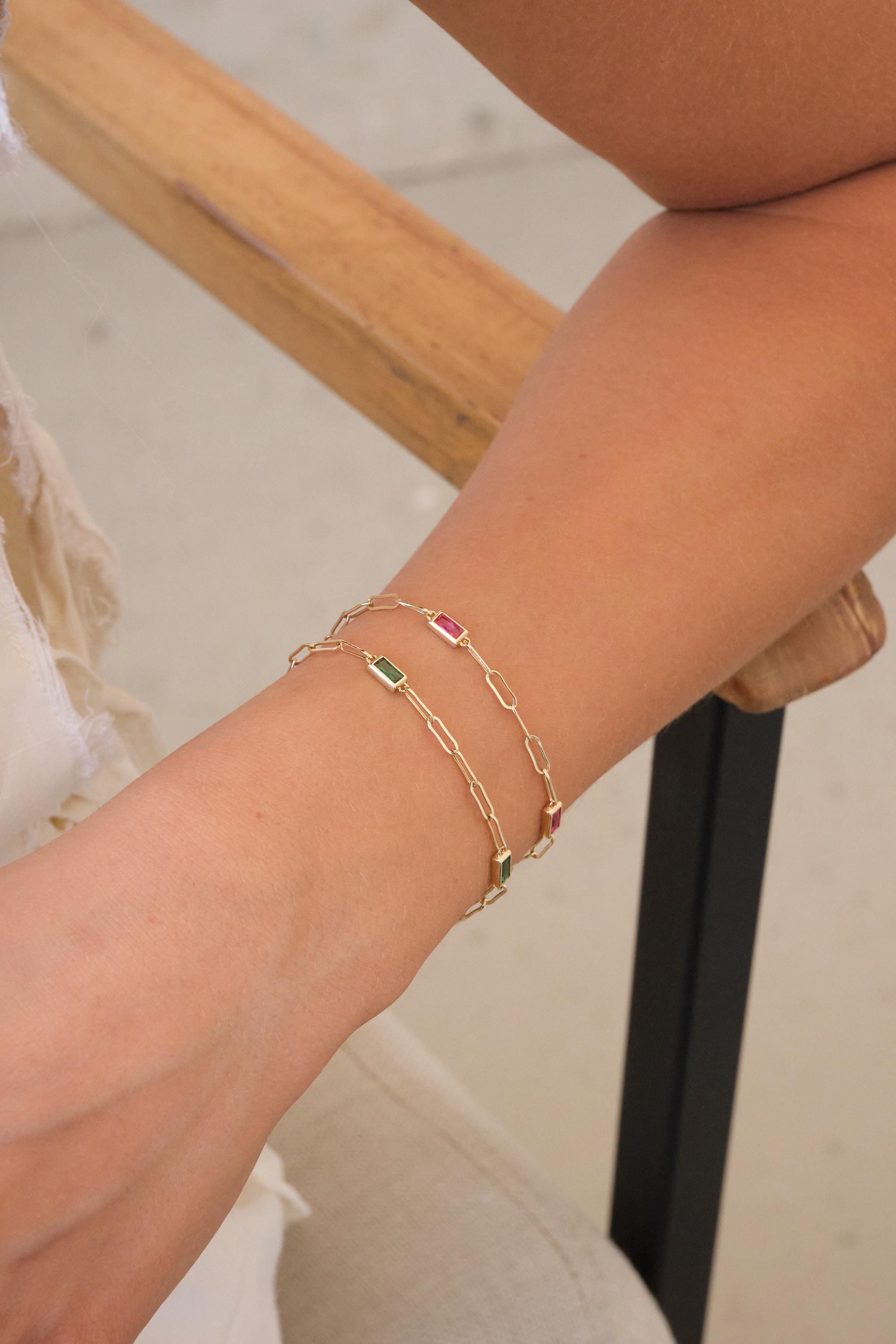 14K Gold Paperclip Chain Bracelet, Gemstone Link Bracelet, Dainty Gold Bracelet, Minimal Everyday Gold Jewelry Gift for Her