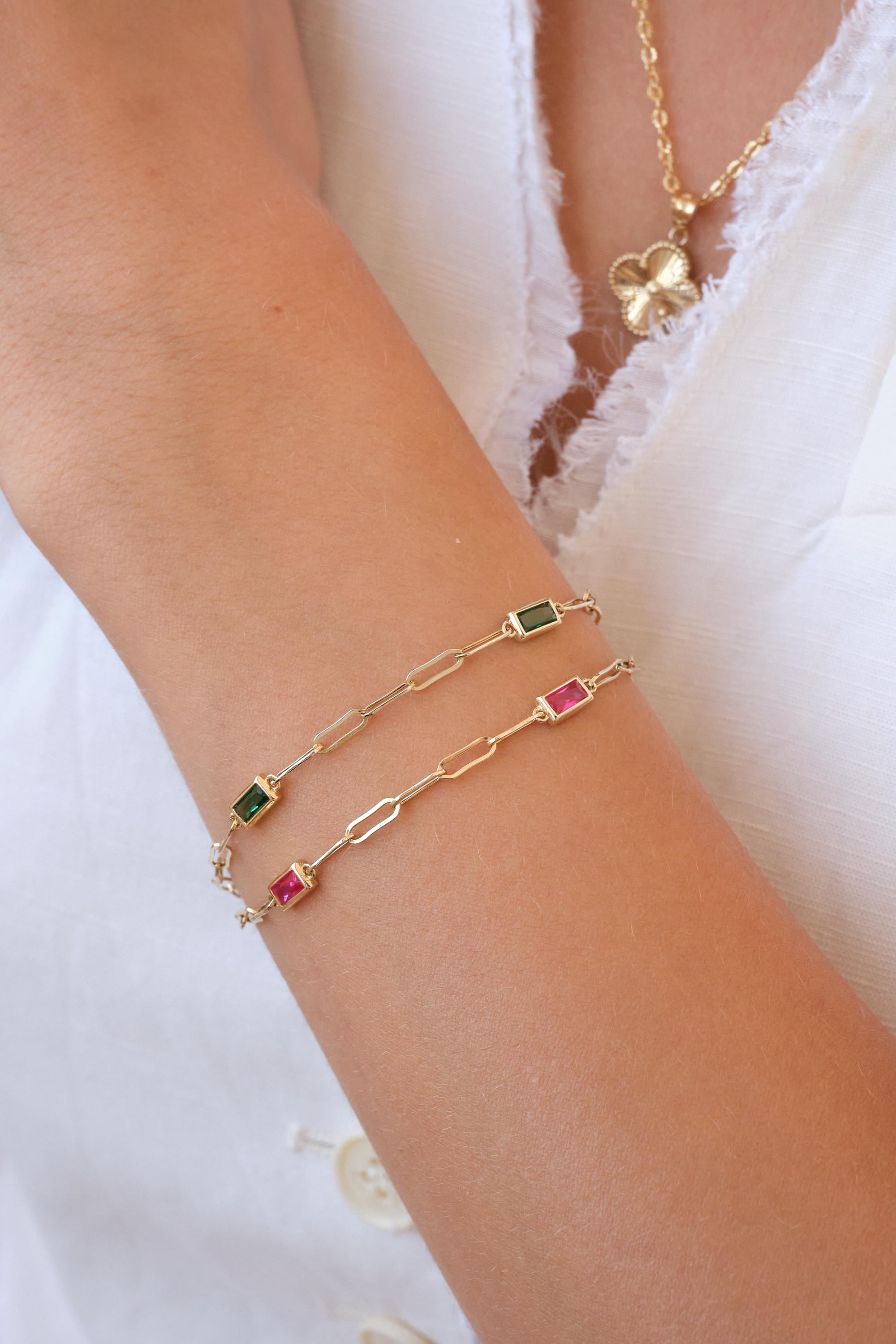 14K Gold Paperclip Chain Bracelet, Gemstone Link Bracelet, Dainty Gold Bracelet, Minimal Everyday Gold Jewelry Gift for Her