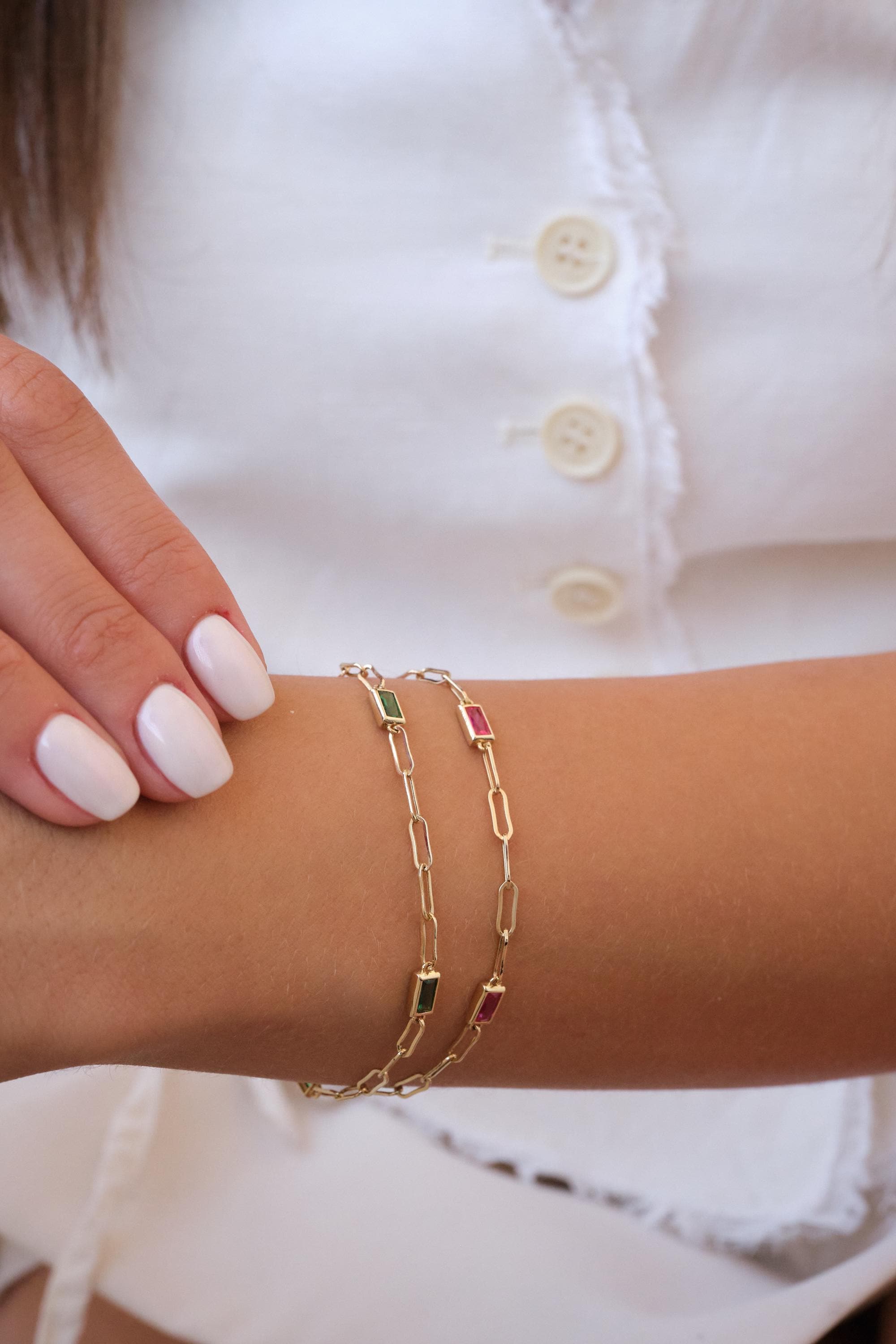 14K Gold Paperclip Chain Bracelet, Gemstone Link Bracelet, Dainty Gold Bracelet, Minimal Everyday Gold Jewelry Gift for Her