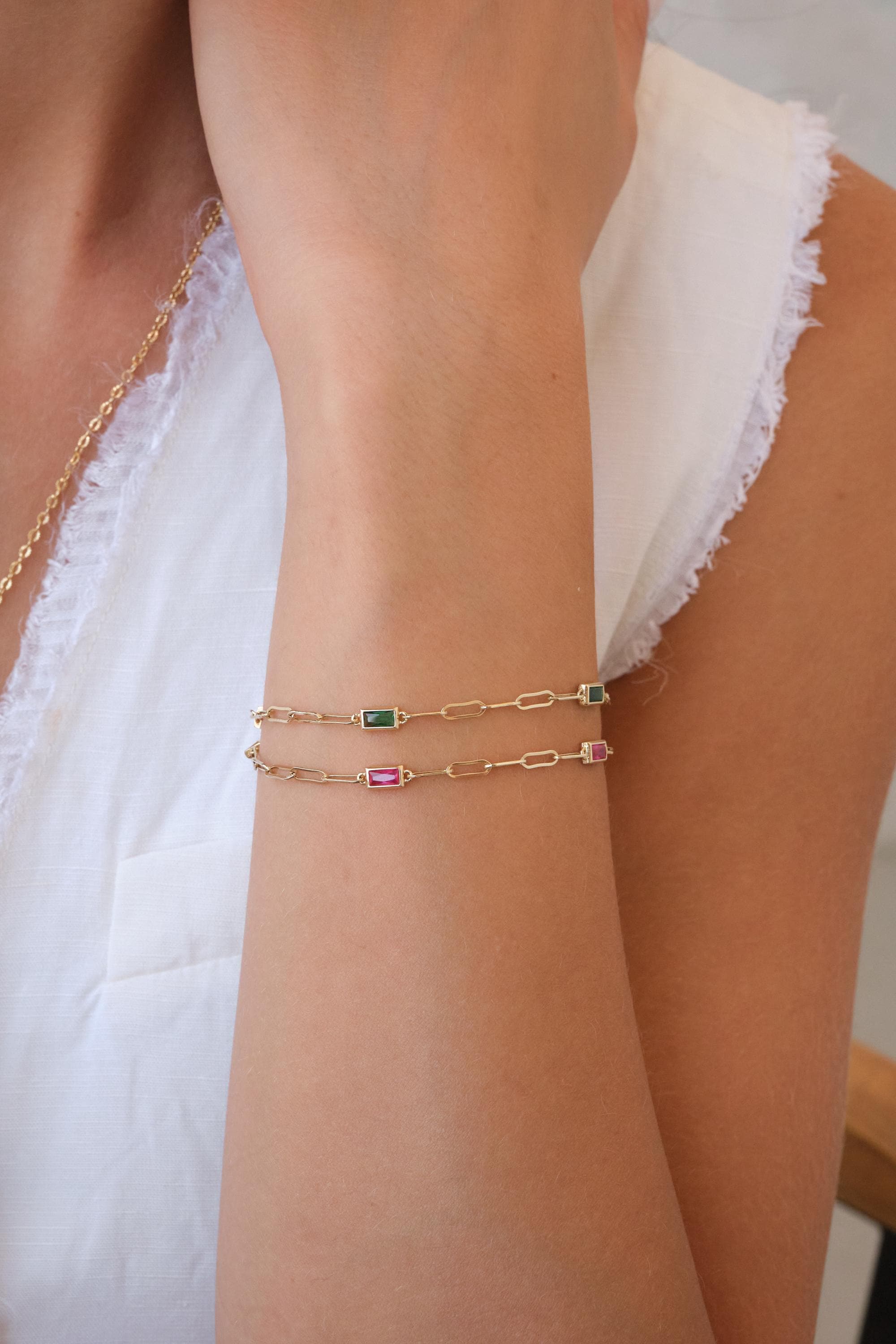 14K Gold Paperclip Chain Bracelet, Gemstone Link Bracelet, Dainty Gold Bracelet, Minimal Everyday Gold Jewelry Gift for Her
