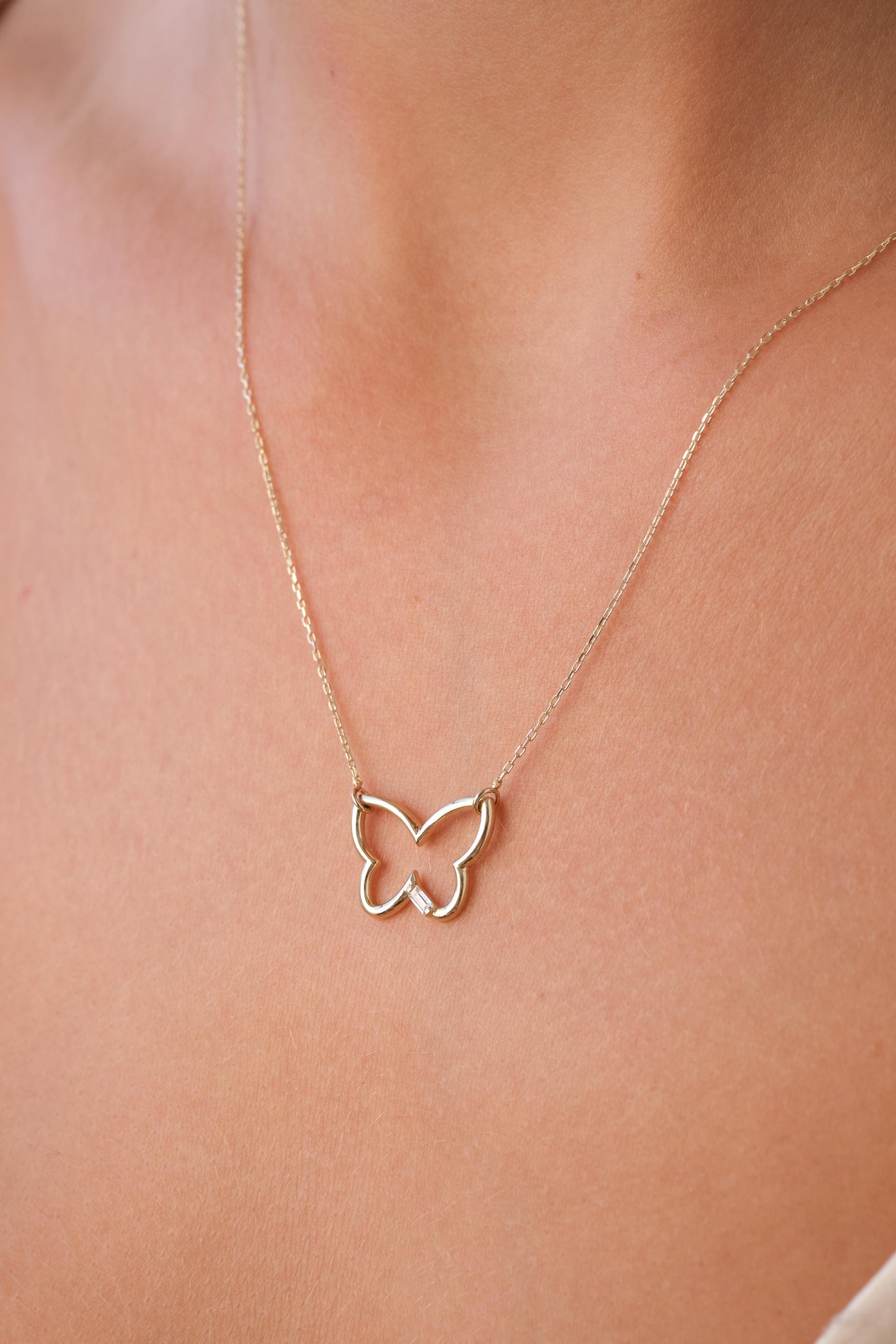 14K Gold Butterfly Necklace, Minimal Gold Pendant Necklace, Dainty Everyday Gold Jewelry, Simple Butterfly Necklace Gift for Her