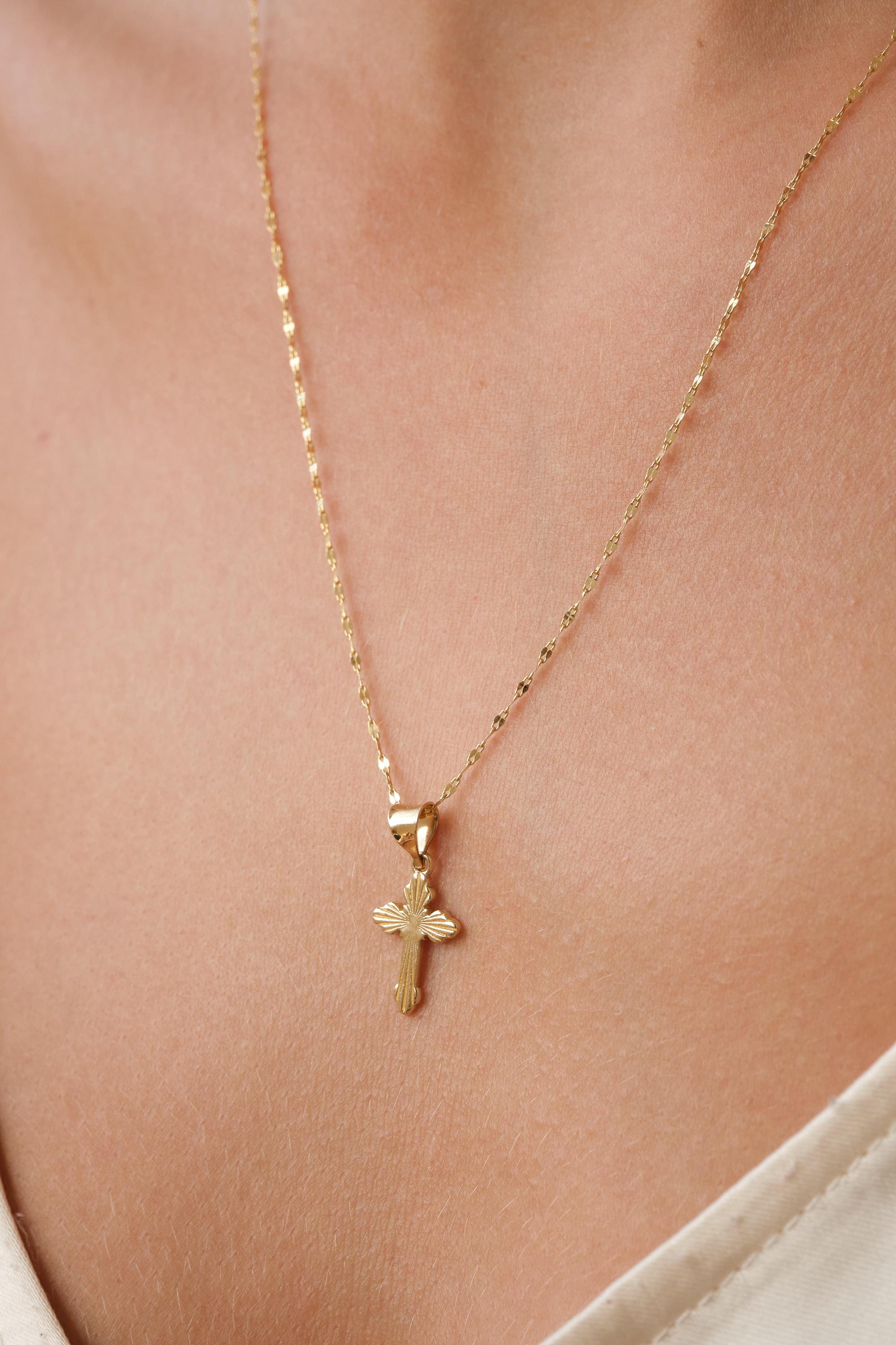 14K Gold Cross Necklace, Minimal Gold Cross Pendant, Dainty Everyday Gold Sequin Mirror Necklace, Religious Gold Jewelry Gift for Her