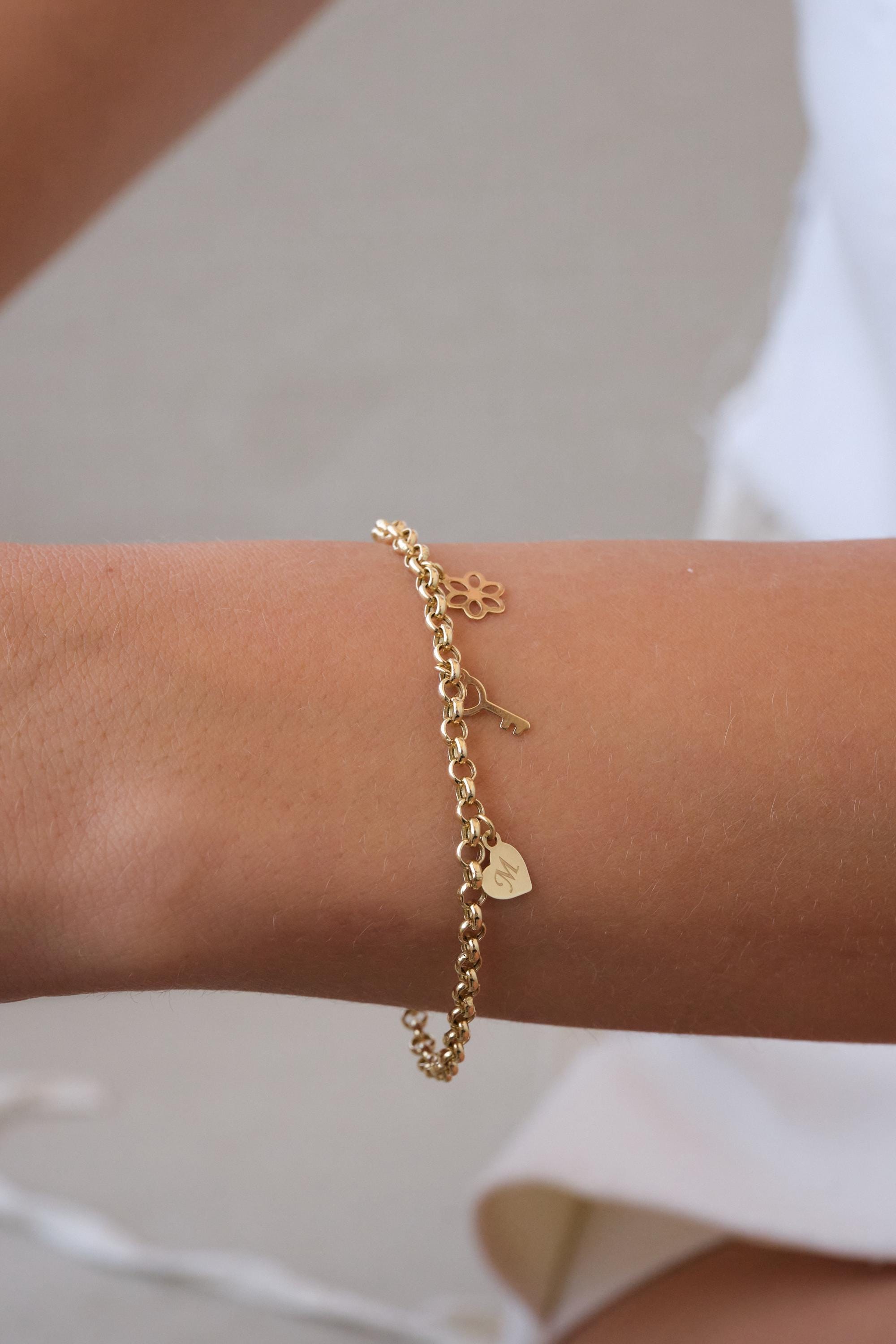 14K Gold Charm Bracelet, Initial Heart Charm Bracelet, Dainty Gold Chain Bracelet with Key Charm, Personalized Gold Jewelry Gift