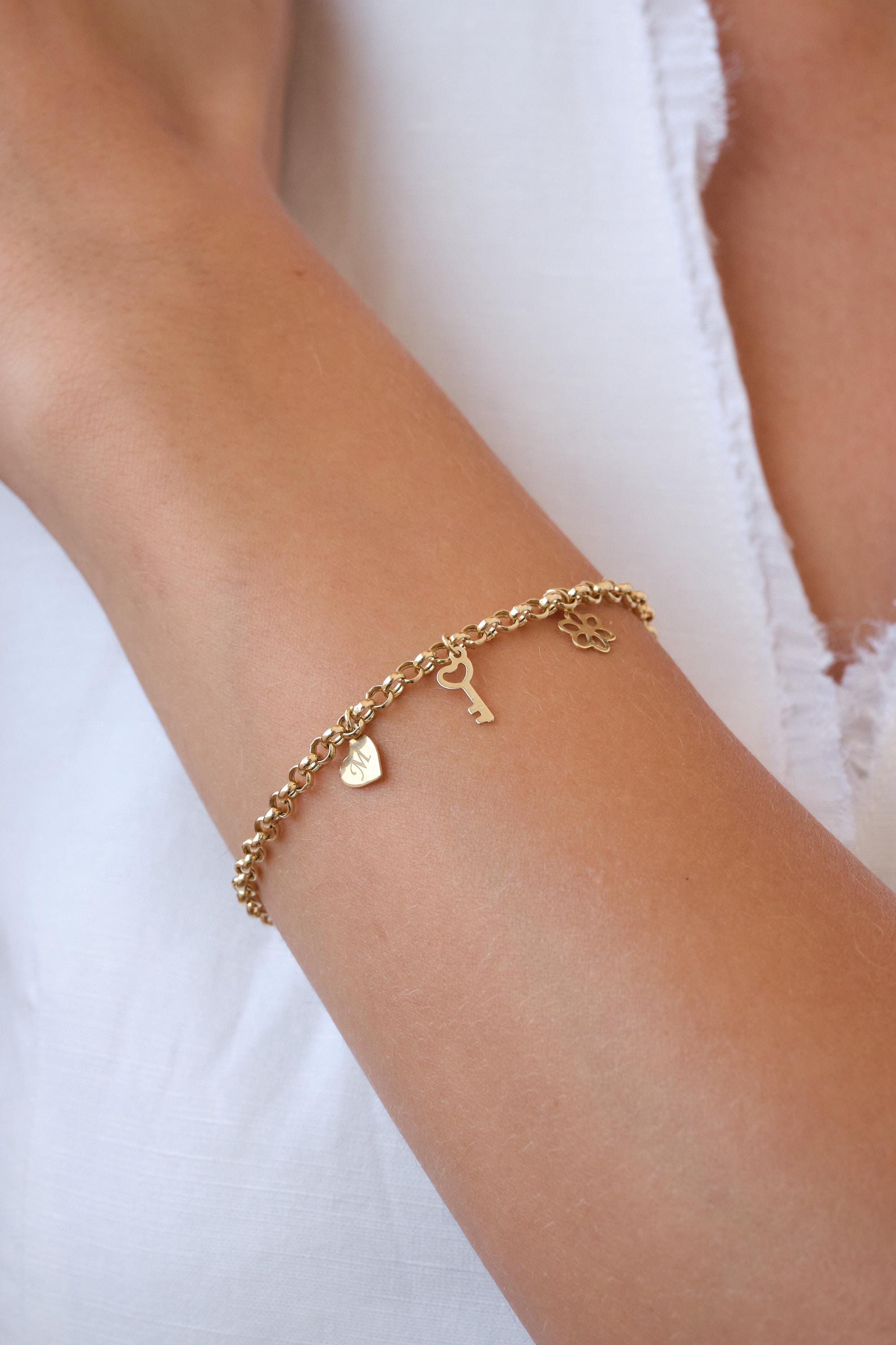 14K Gold Charm Bracelet, Initial Heart Charm Bracelet, Dainty Gold Chain Bracelet with Key Charm, Personalized Gold Jewelry Gift
