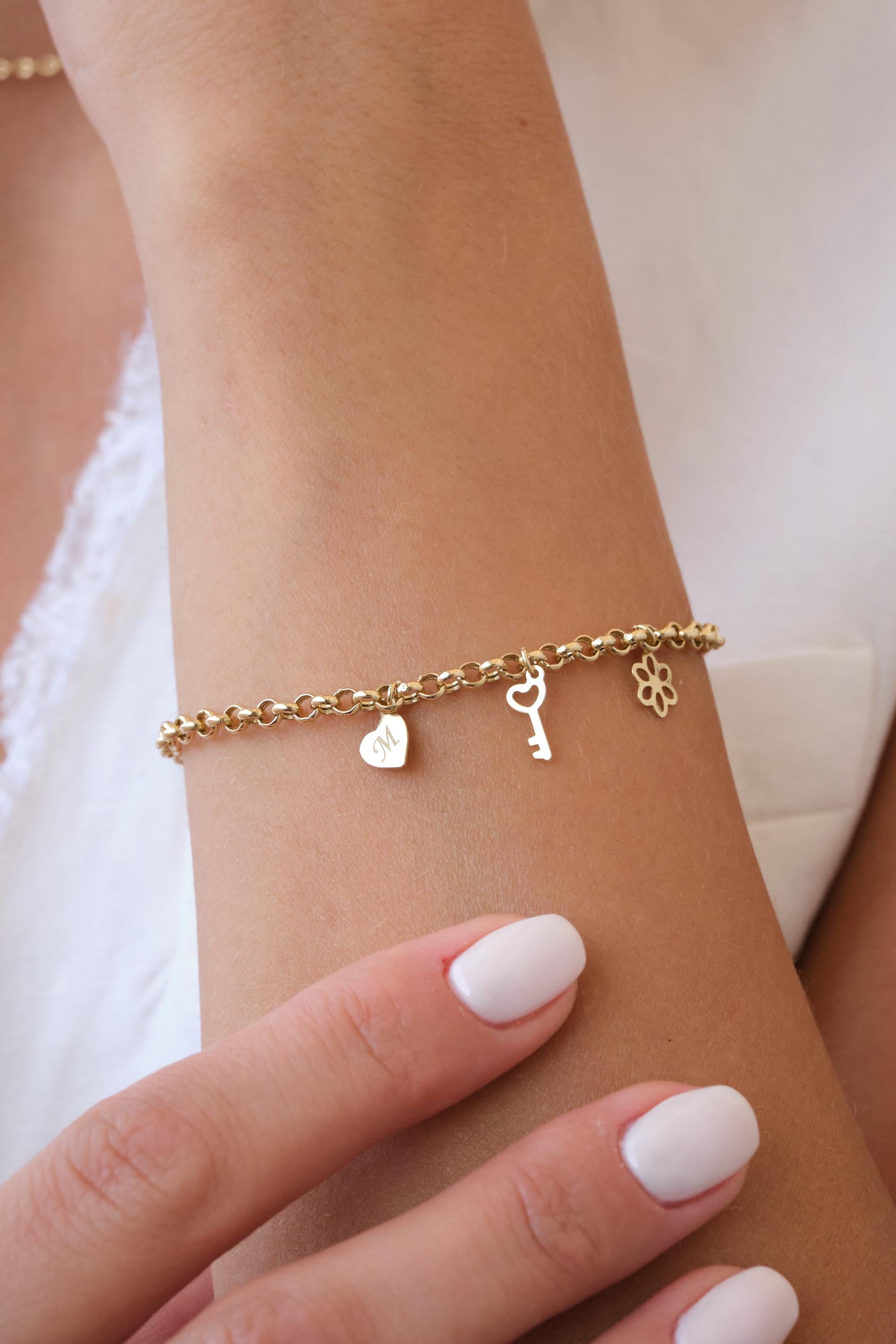 14K Gold Charm Bracelet, Initial Heart Charm Bracelet, Dainty Gold Chain Bracelet with Key Charm, Personalized Gold Jewelry Gift