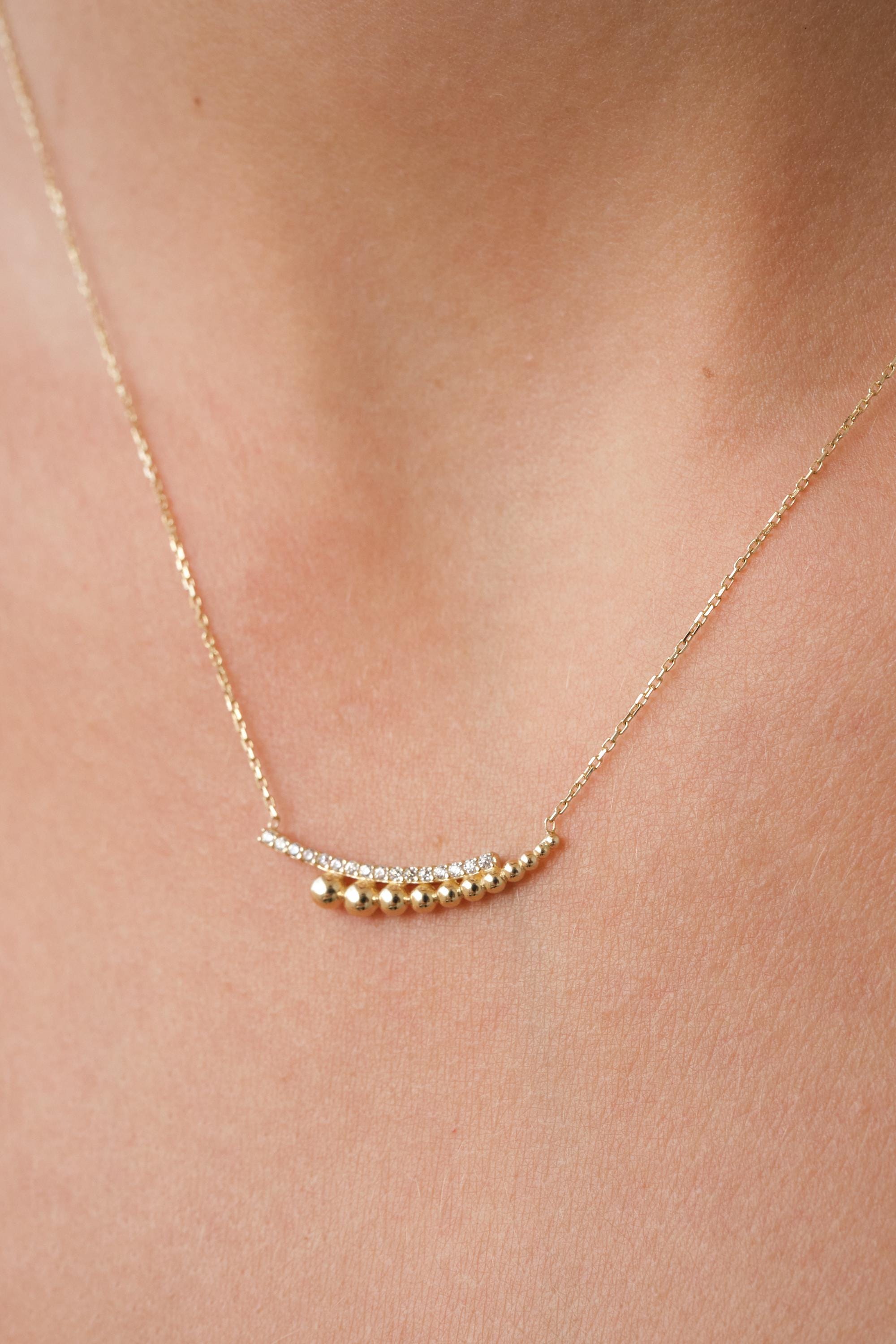 14K Gold Beaded Bar Necklace with CZ, Dainty Curved Bar Necklace, Minimal Gold Necklace, Everyday Sparkle Necklace for Her
