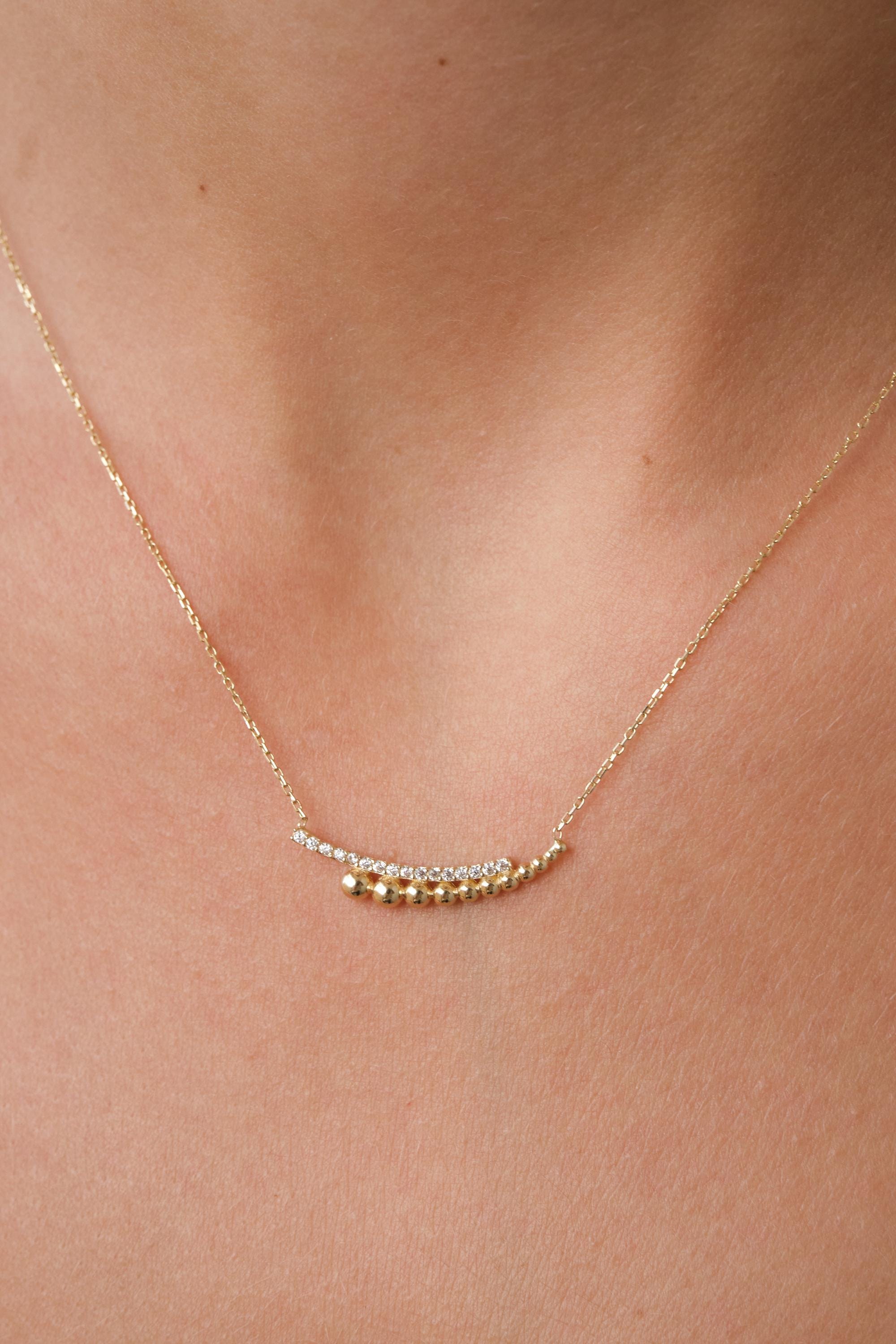 14K Gold Beaded Bar Necklace with CZ, Dainty Curved Bar Necklace, Minimal Gold Necklace, Everyday Sparkle Necklace for Her