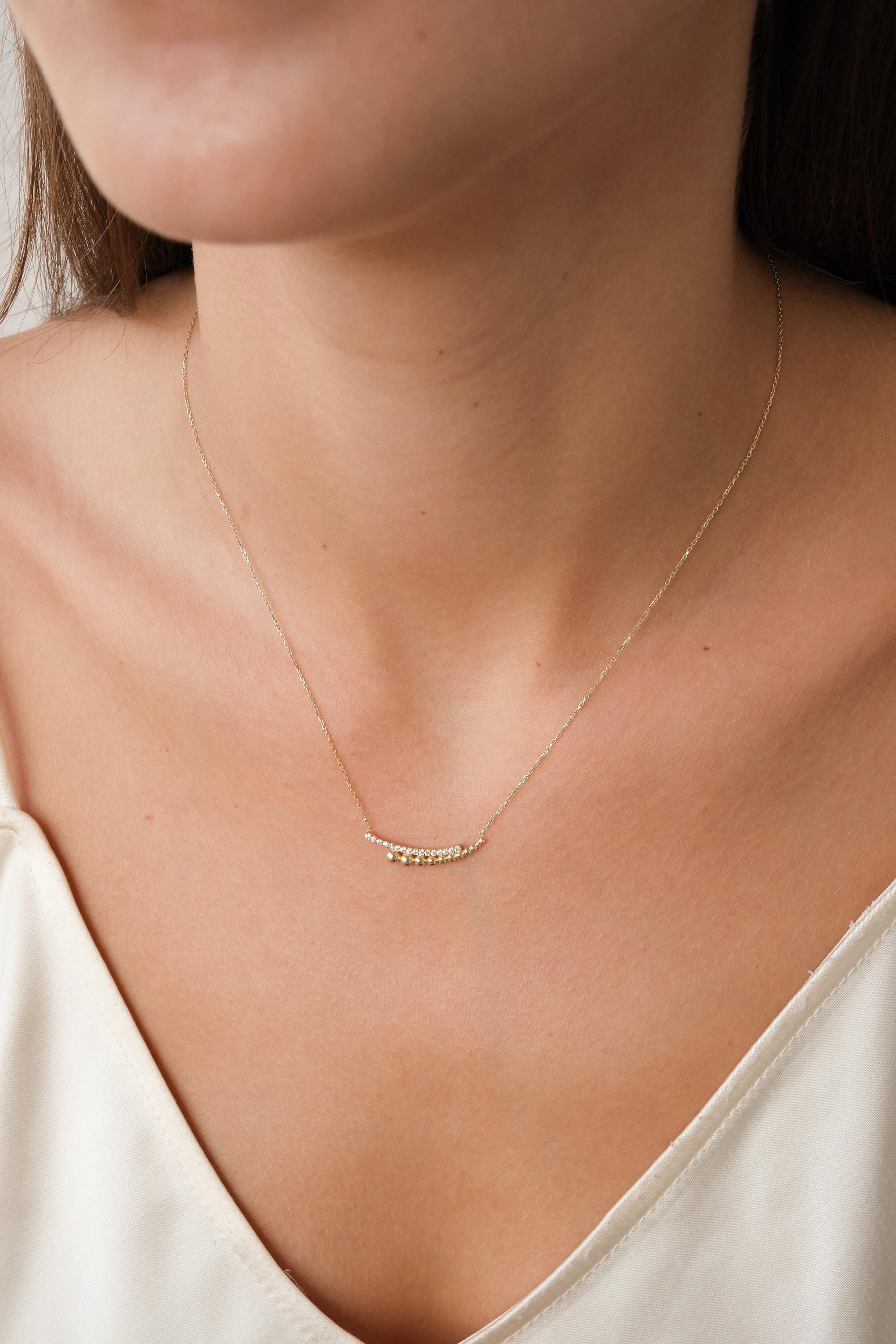 14K Gold Beaded Bar Necklace with CZ, Dainty Curved Bar Necklace, Minimal Gold Necklace, Everyday Sparkle Necklace for Her