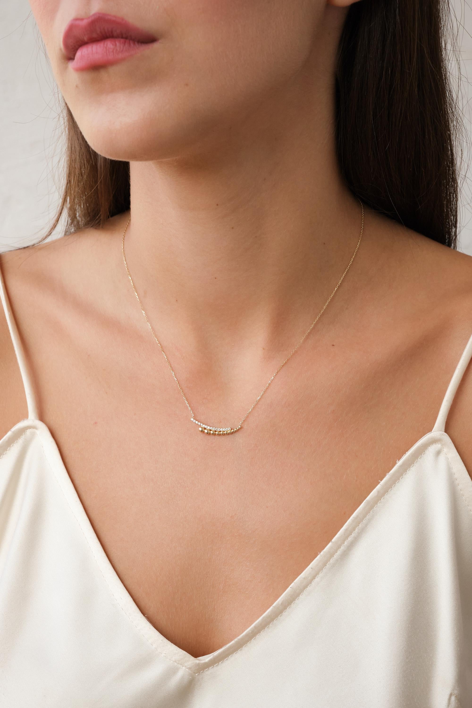 14K Gold Beaded Bar Necklace with CZ, Dainty Curved Bar Necklace, Minimal Gold Necklace, Everyday Sparkle Necklace for Her