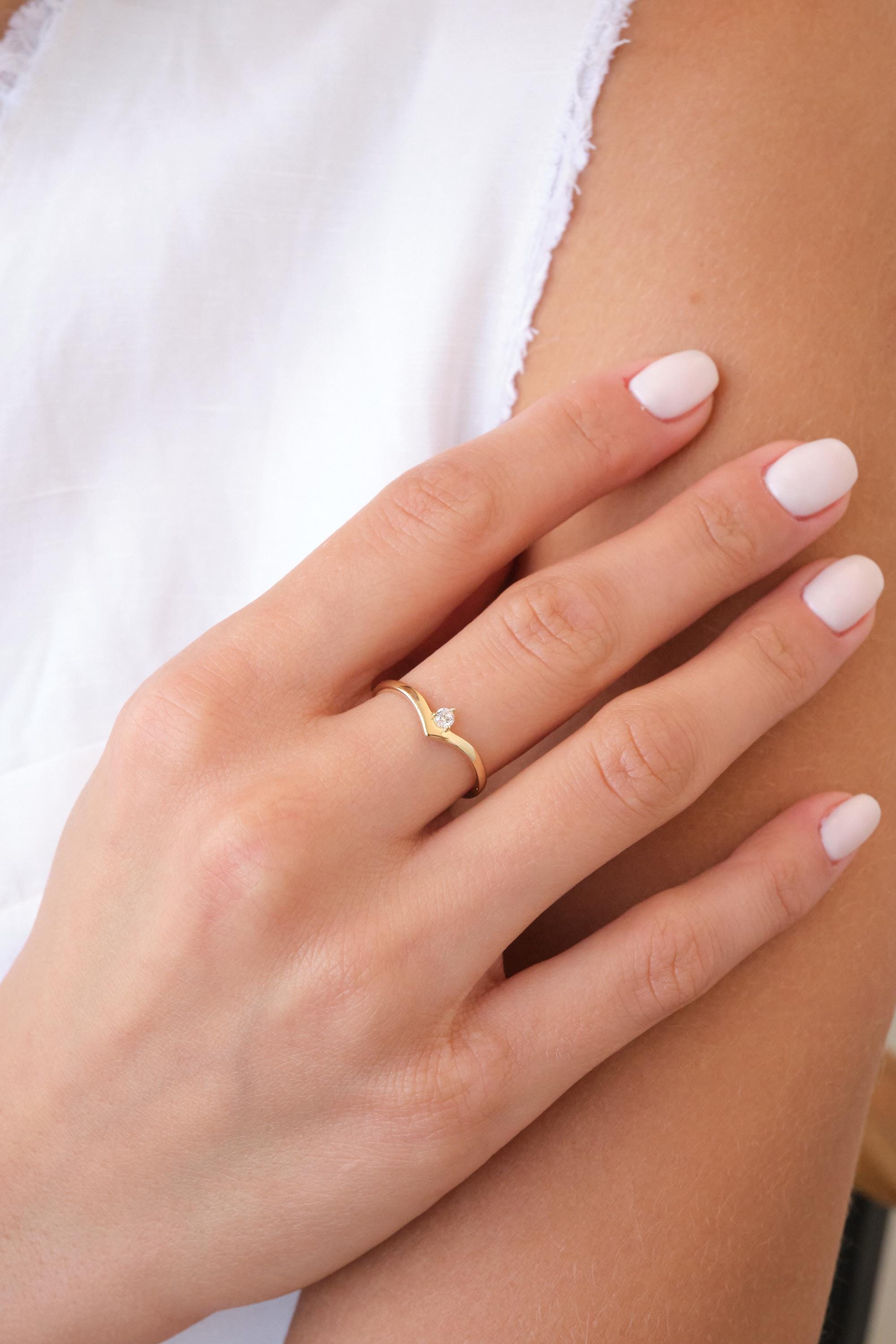 14K Gold Curved Solitaire Ring with CZ, Minimal Gold Solitaire Ring, Dainty CZ Ring, Simple Gold Ring, Everyday Gold Ring for Her