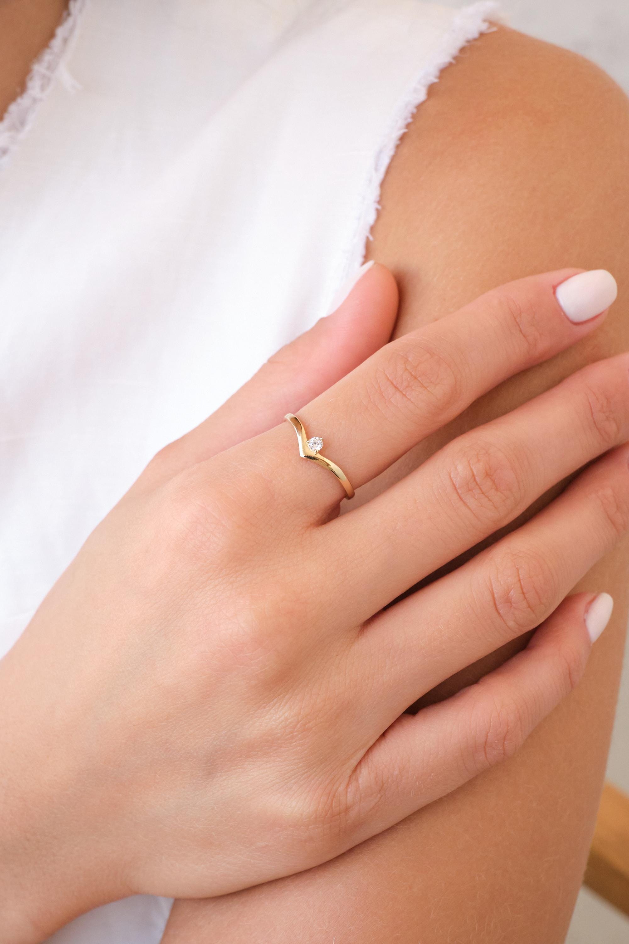 14K Gold Curved Solitaire Ring with CZ, Minimal Gold Solitaire Ring, Dainty CZ Ring, Simple Gold Ring, Everyday Gold Ring for Her