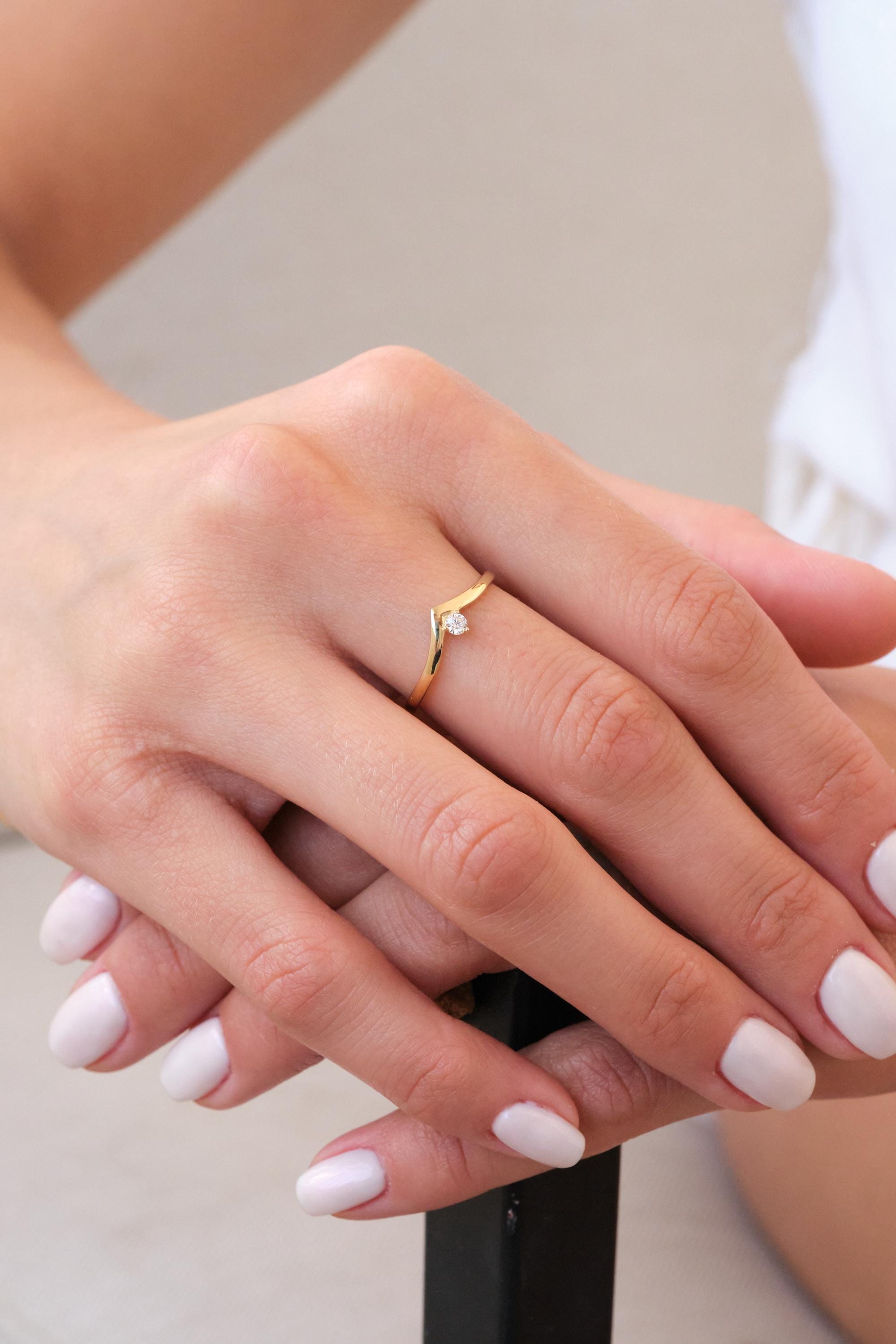 14K Gold Curved Solitaire Ring with CZ, Minimal Gold Solitaire Ring, Dainty CZ Ring, Simple Gold Ring, Everyday Gold Ring for Her