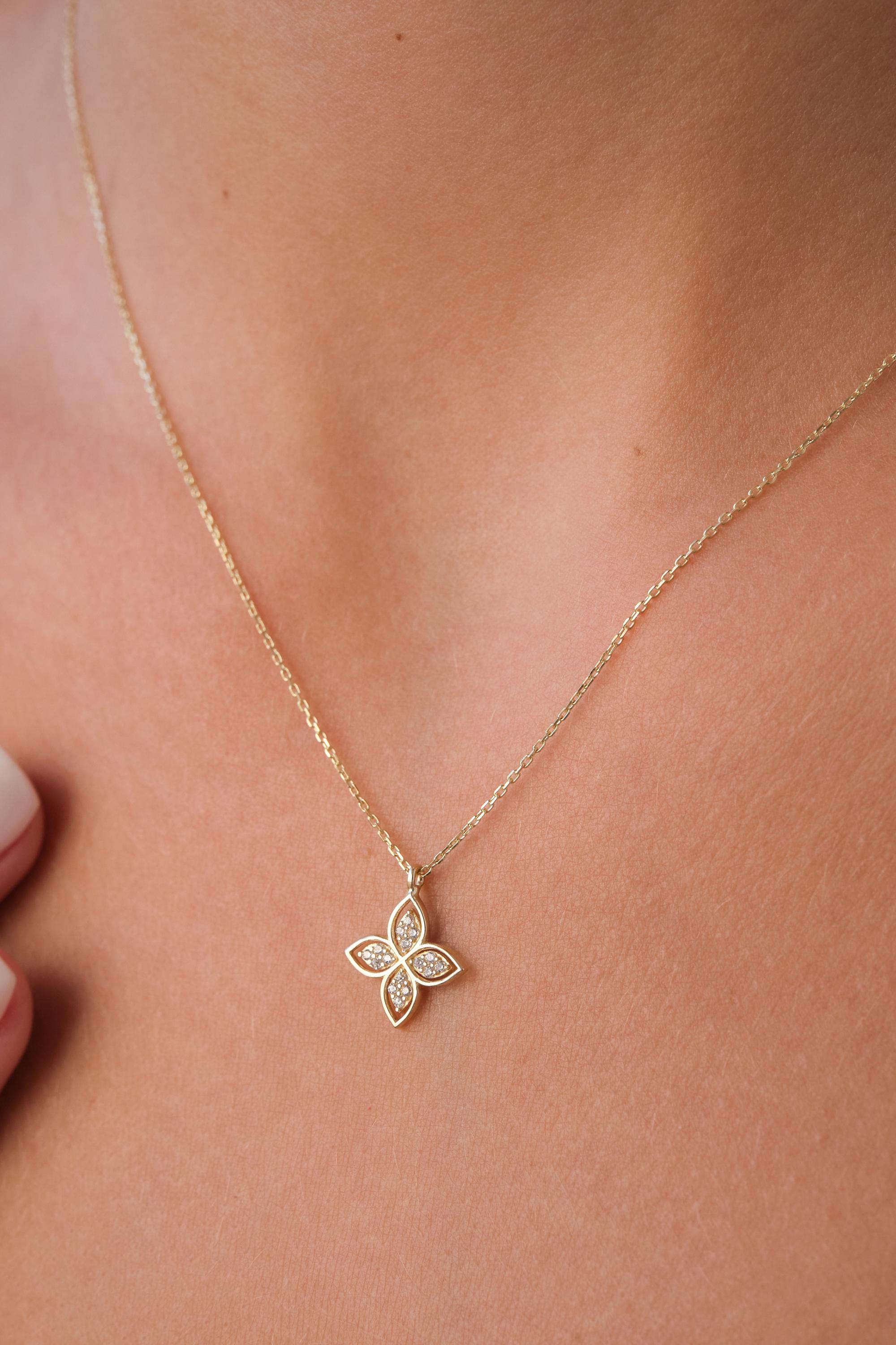 14K Gold Quatrefoil Necklace with CZ, Dainty Gold Floral Necklace, Clover Style Gold Pendant, Minimal CZ Necklace, Everyday Necklace for Her