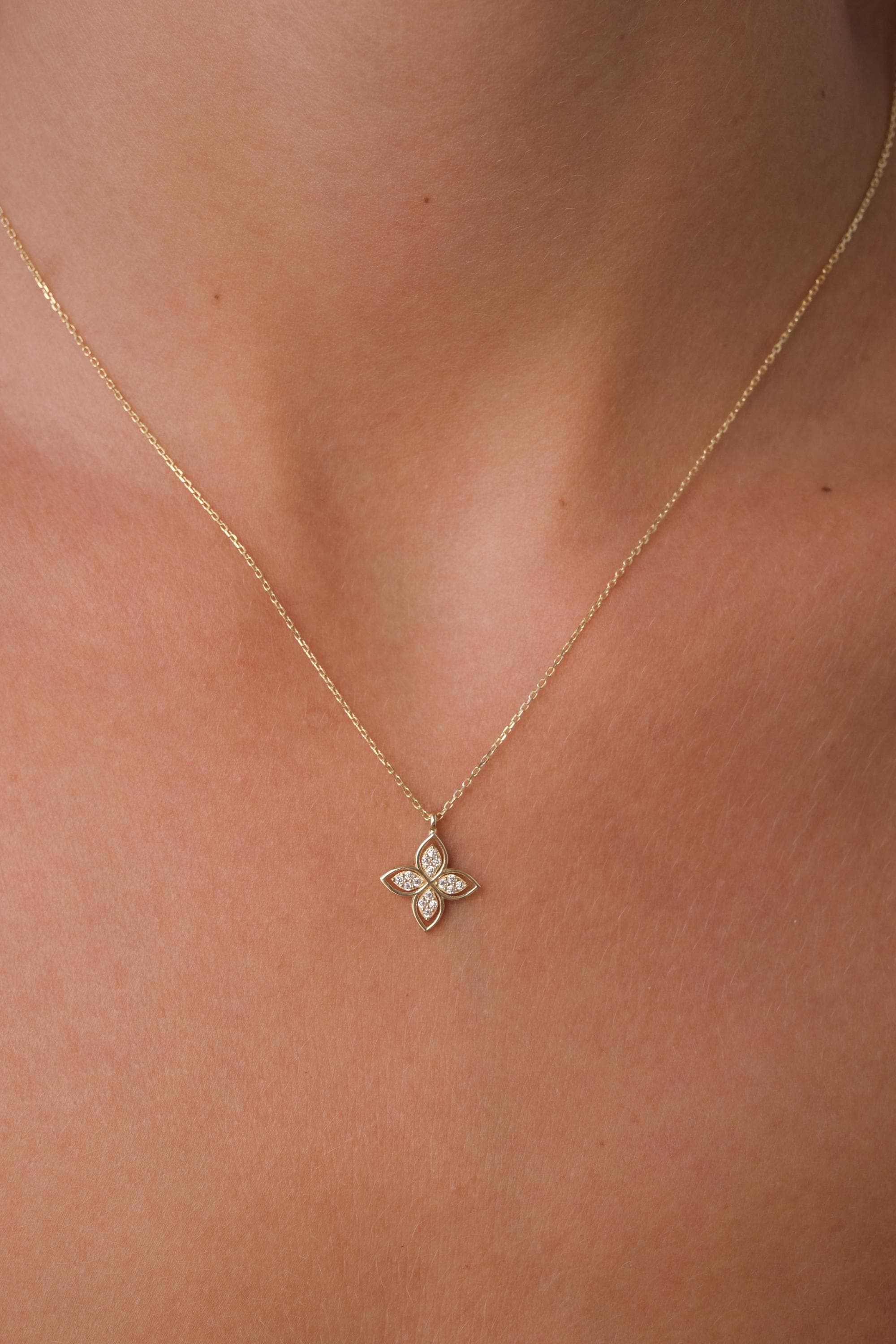 14K Gold Quatrefoil Necklace with CZ, Dainty Gold Floral Necklace, Clover Style Gold Pendant, Minimal CZ Necklace, Everyday Necklace for Her