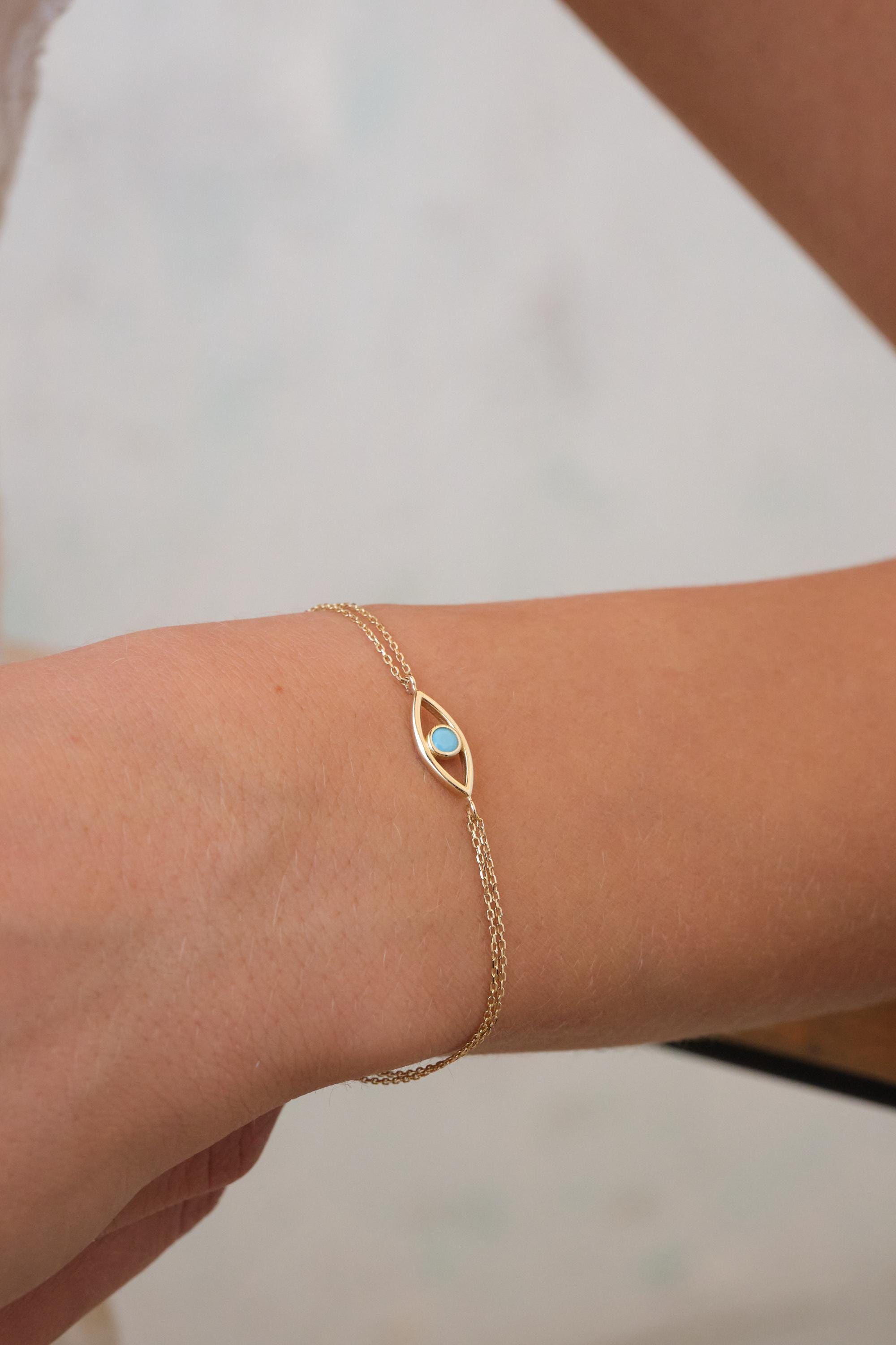 14K Gold Evil Eye Bracelet with Turquoise, Dainty Evil Eye Bracelet, Minimal Gold Chain Bracelet, Protection Bracelet, Everyday Gold Jewelry