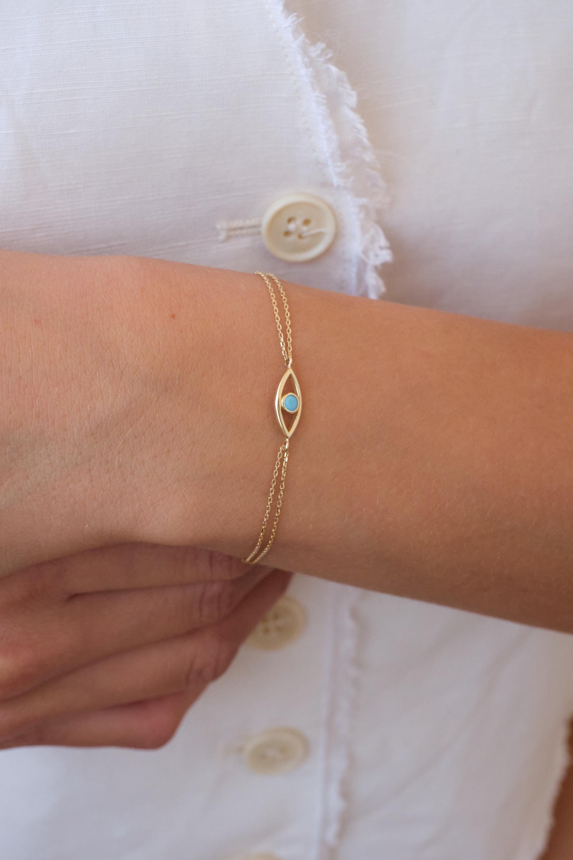 14K Gold Evil Eye Bracelet with Turquoise, Dainty Evil Eye Bracelet, Minimal Gold Chain Bracelet, Protection Bracelet, Everyday Gold Jewelry