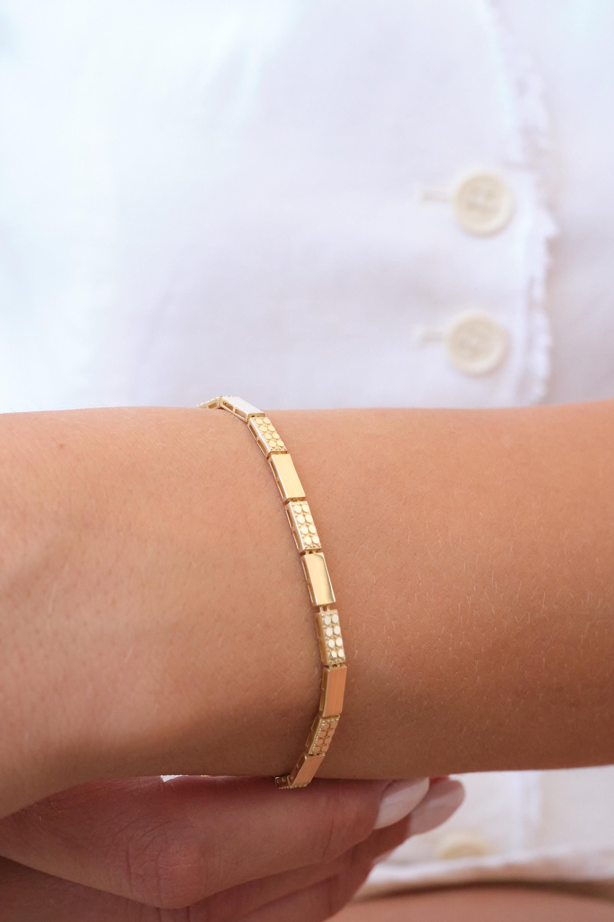 14K Gold Geometric Bar Bracelet, 3mm Station Link Gold Bracelet, Minimal Polished Gold Bracelet, Modern Everyday Gold Jewelry, Gift for Her