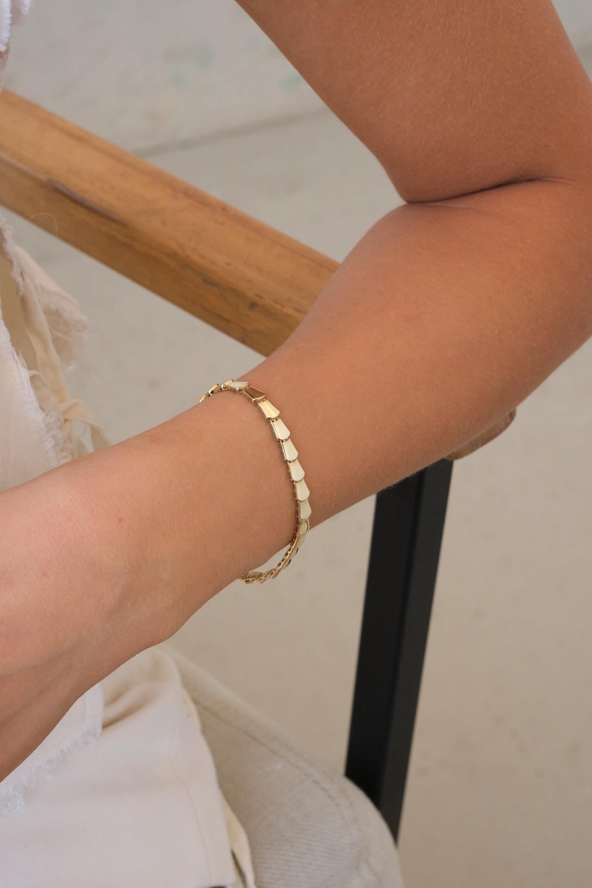 14K Gold Brick Link Bracelet, 5mm Geometric Gold Tile Bracelet, Modern Tapered Link Bracelet, Minimal Statement Gold Jewelry, Gift for Her