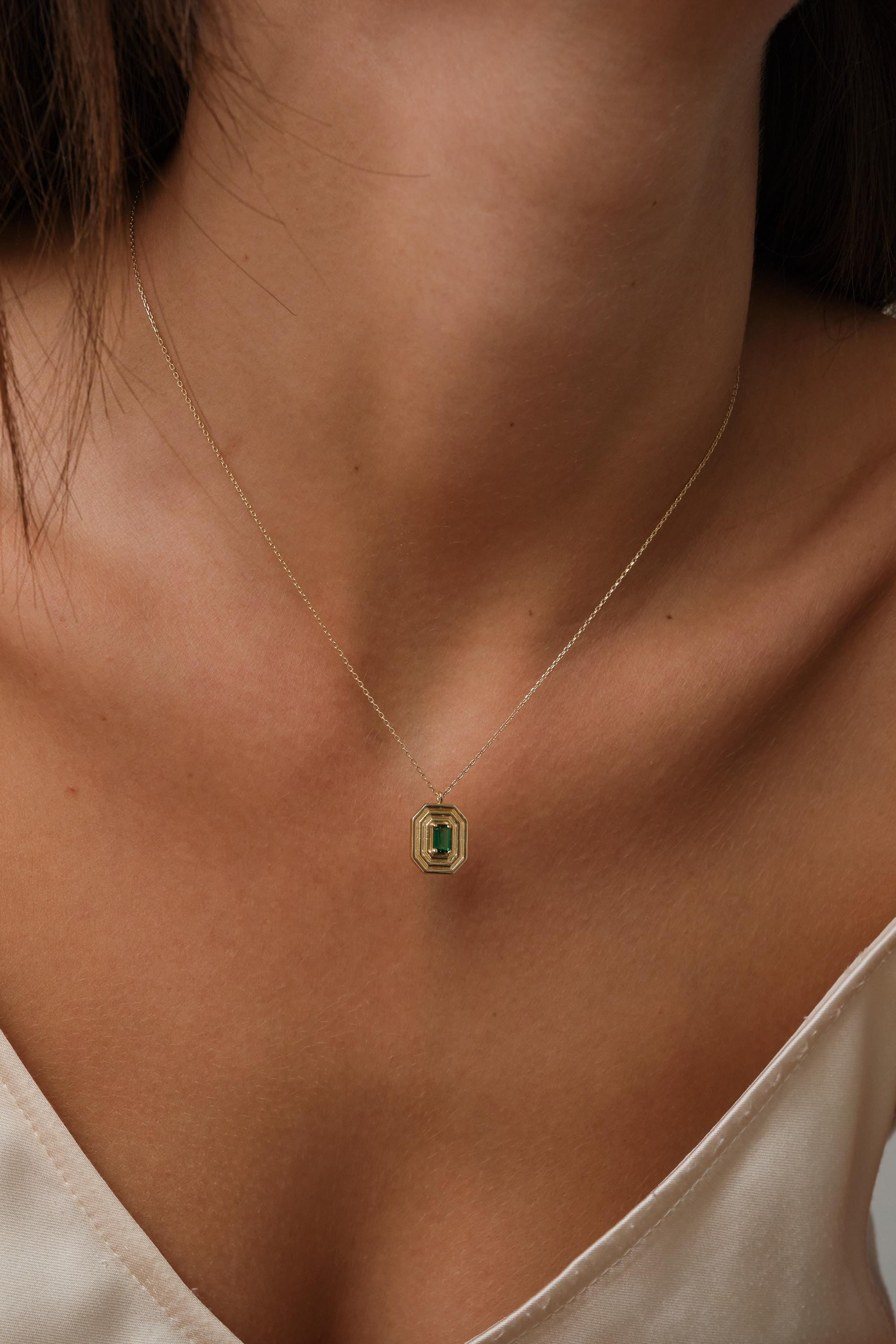 14K Gold Art Deco Emerald Pendant Necklace, Emerald Cut Green CZ Necklace, Geometric Gold Frame Necklace, Vintage Inspired Gold Necklace