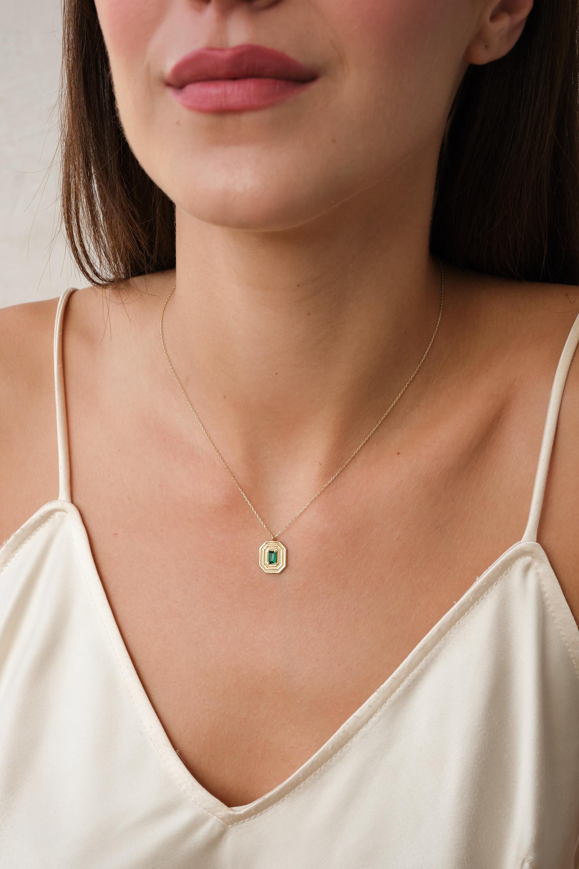 14K Gold Art Deco Emerald Pendant Necklace, Emerald Cut Green CZ Necklace, Geometric Gold Frame Necklace, Vintage Inspired Gold Necklace