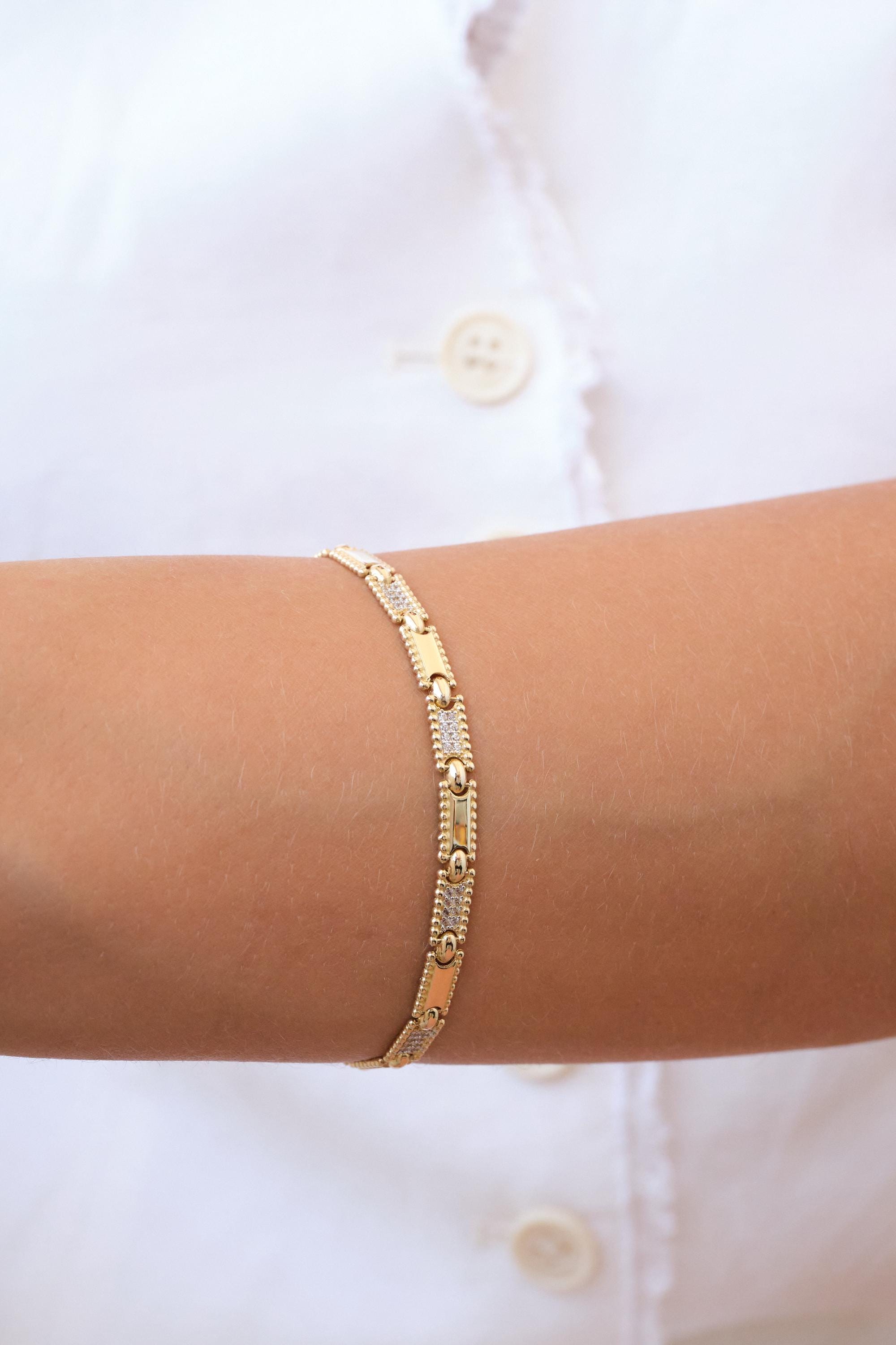 14K Gold CZ Bar Bracelet, 3.5mm Rectangle Bar Gold Bracelet, Dainty Geometric Gold Bracelet, Minimal Everyday Bracelet, Gift for Her