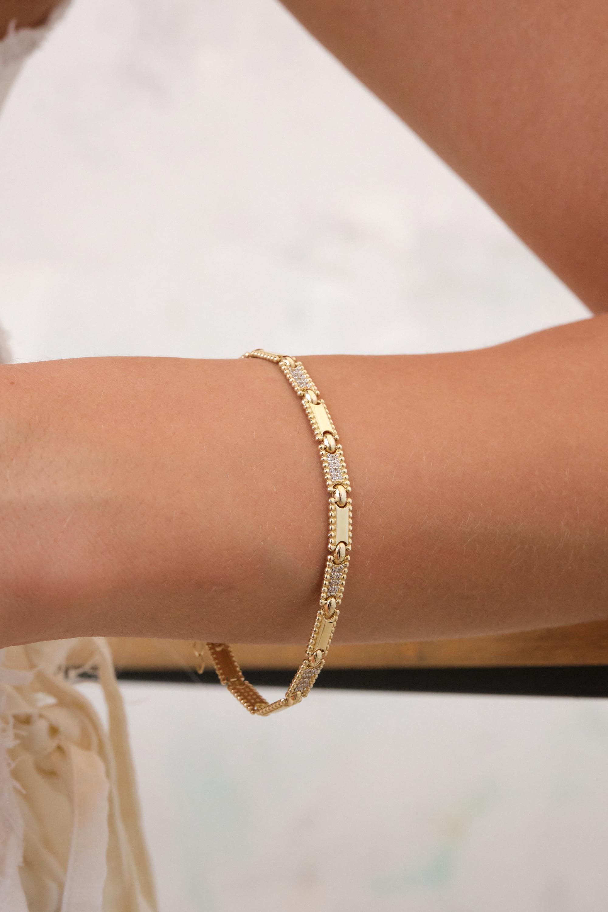 14K Gold CZ Bar Bracelet, 3.5mm Rectangle Bar Gold Bracelet, Dainty Geometric Gold Bracelet, Minimal Everyday Bracelet, Gift for Her