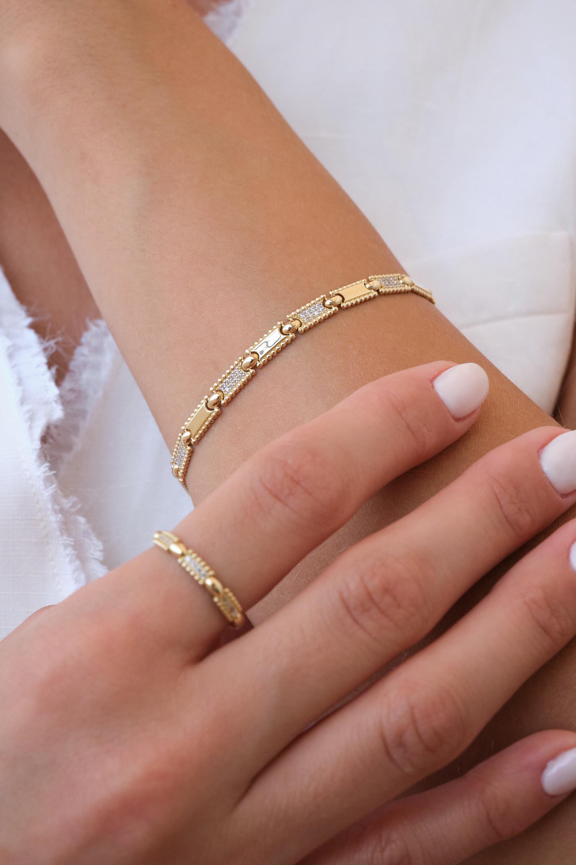 14K Gold CZ Bar Bracelet, 3.5mm Rectangle Bar Gold Bracelet, Dainty Geometric Gold Bracelet, Minimal Everyday Bracelet, Gift for Her