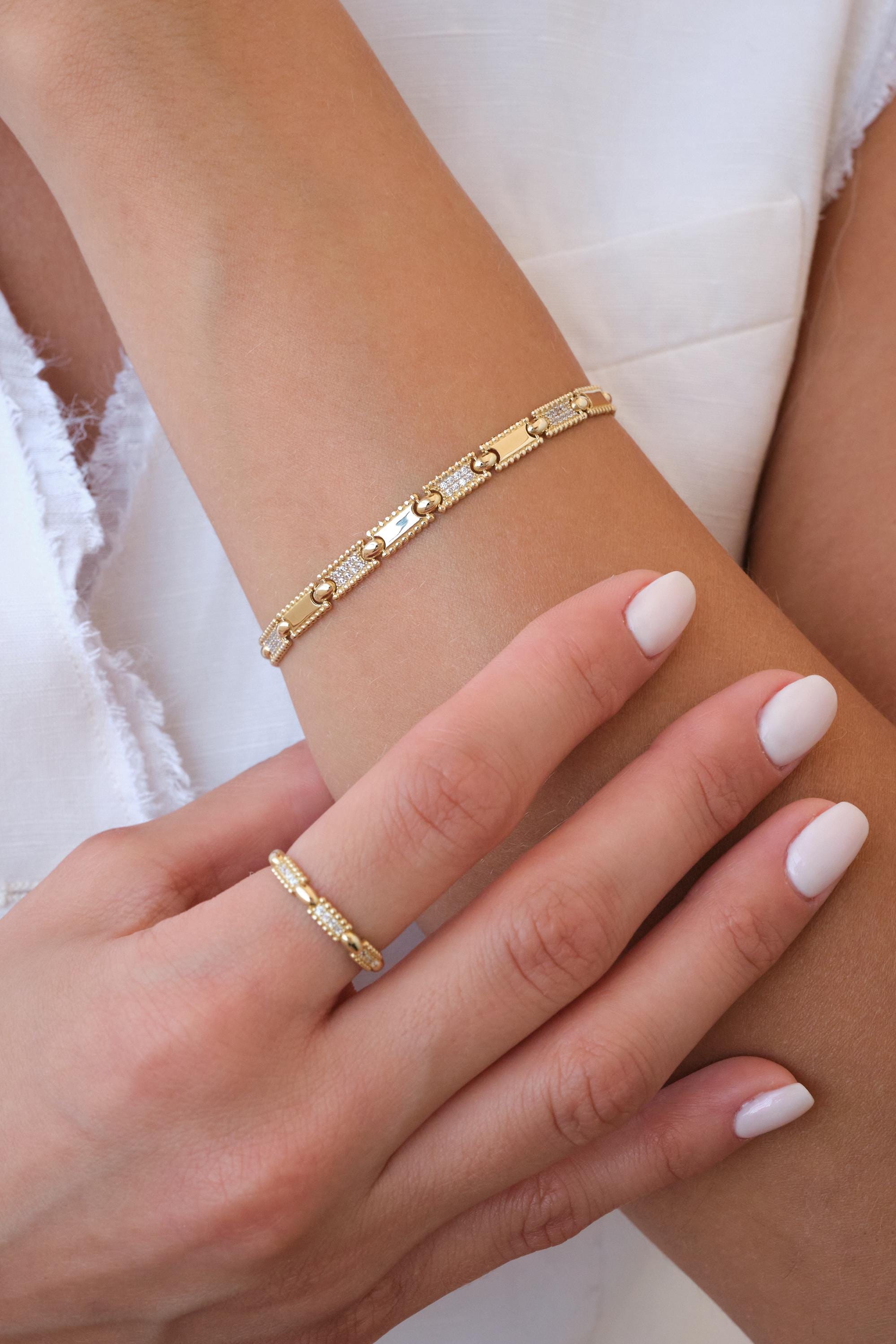 14K Gold CZ Bar Bracelet, 3.5mm Rectangle Bar Gold Bracelet, Dainty Geometric Gold Bracelet, Minimal Everyday Bracelet, Gift for Her