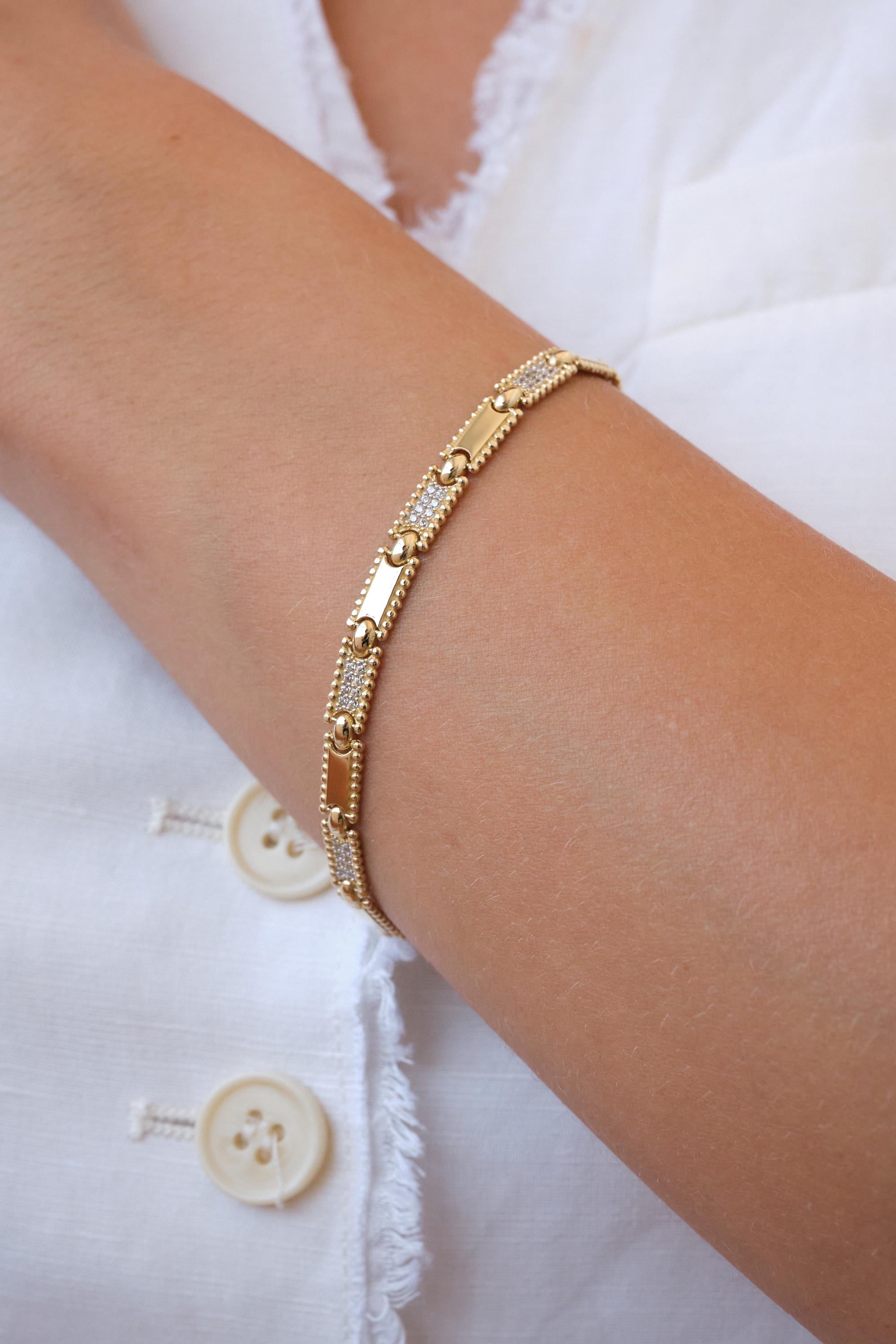 14K Gold CZ Bar Bracelet, 3.5mm Rectangle Bar Gold Bracelet, Dainty Geometric Gold Bracelet, Minimal Everyday Bracelet, Gift for Her