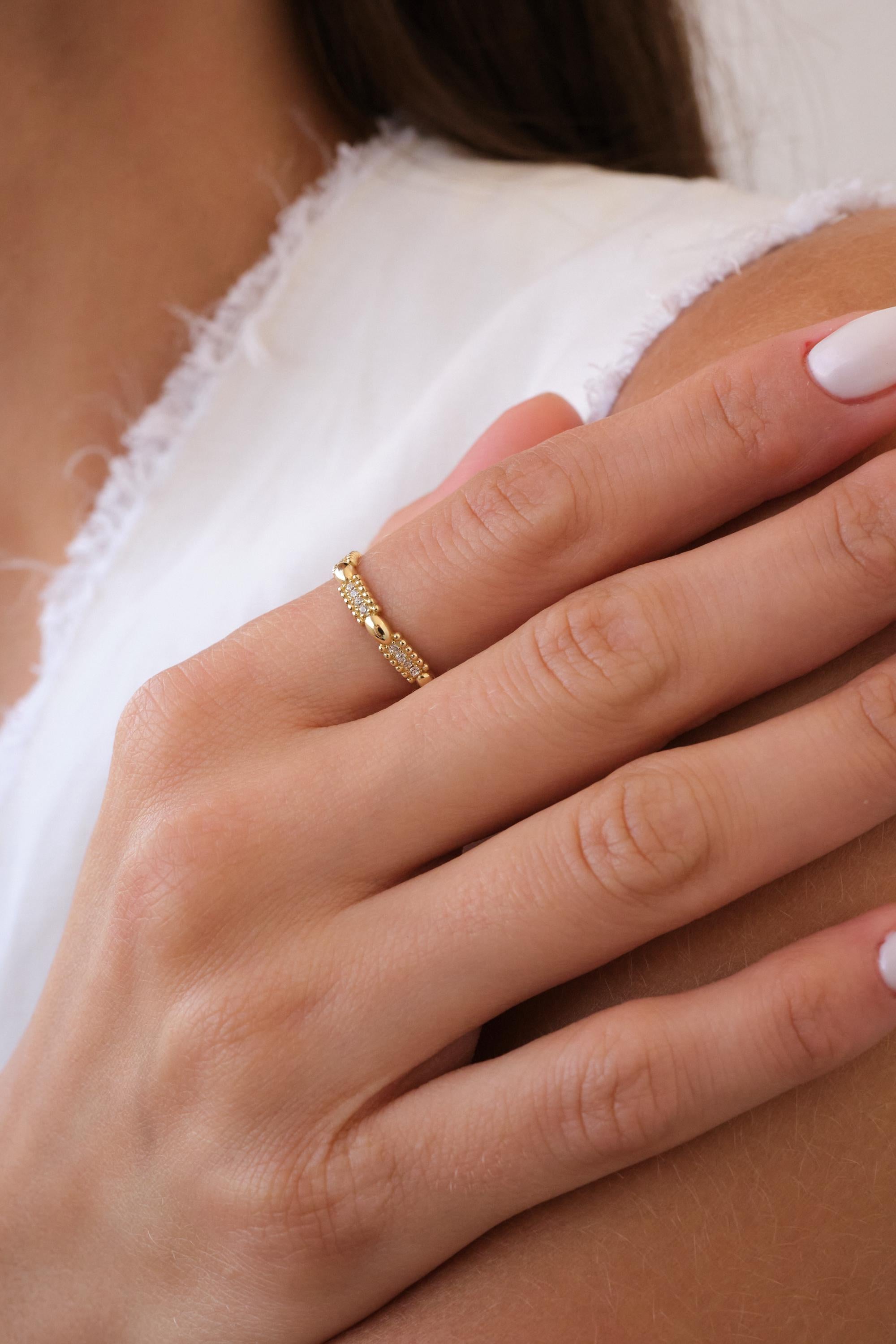 14K Gold CZ Bar Ring, Dainty Bar Station Ring, Minimal Pavé Gold Ring, Thin Everyday Gold Ring, Stacking Ring Gift for Her