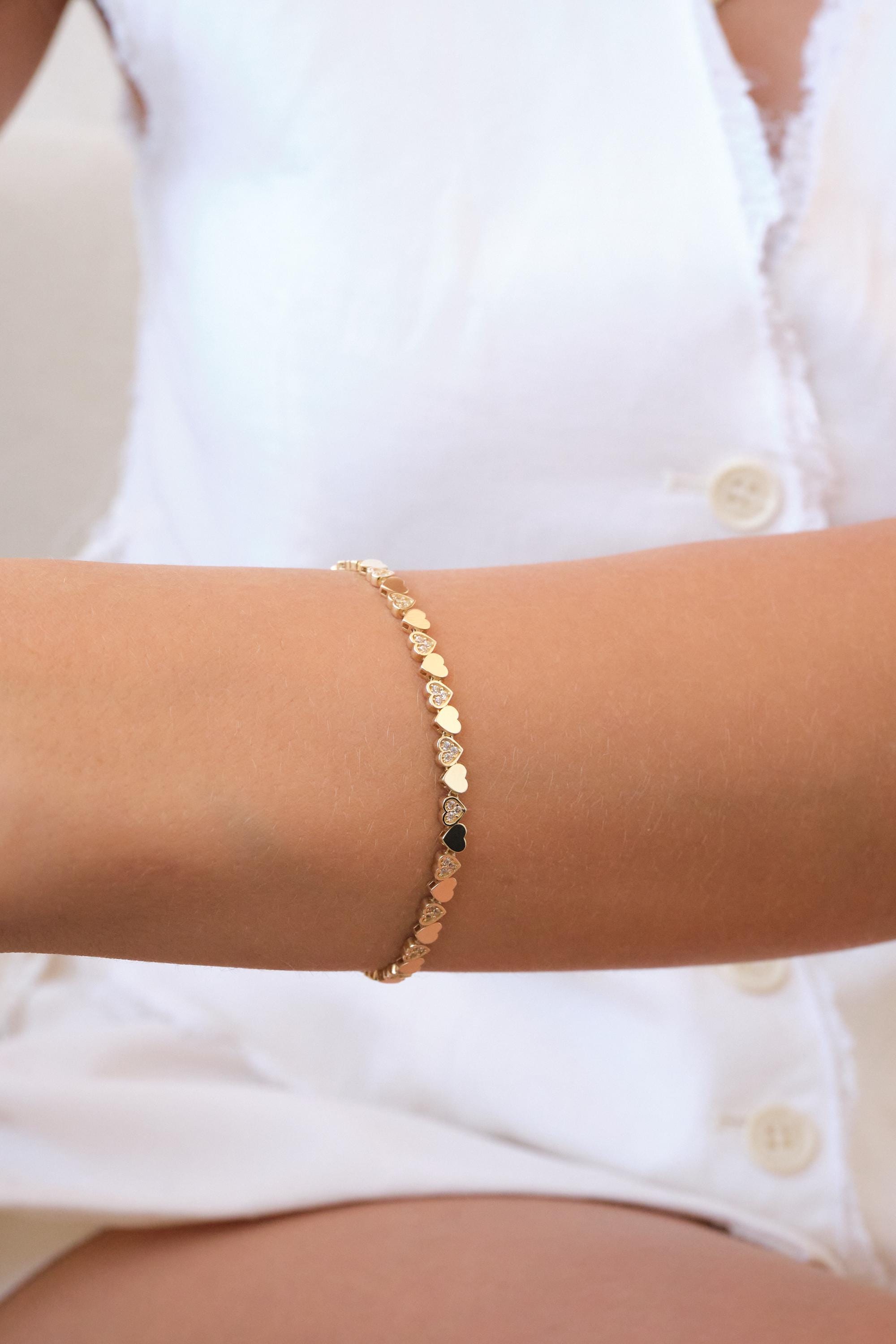 14K Gold Heart Bracelet, 3mm Minimal Dainty Gold Bracelet, Heart Charm Jewelry Gift for Her