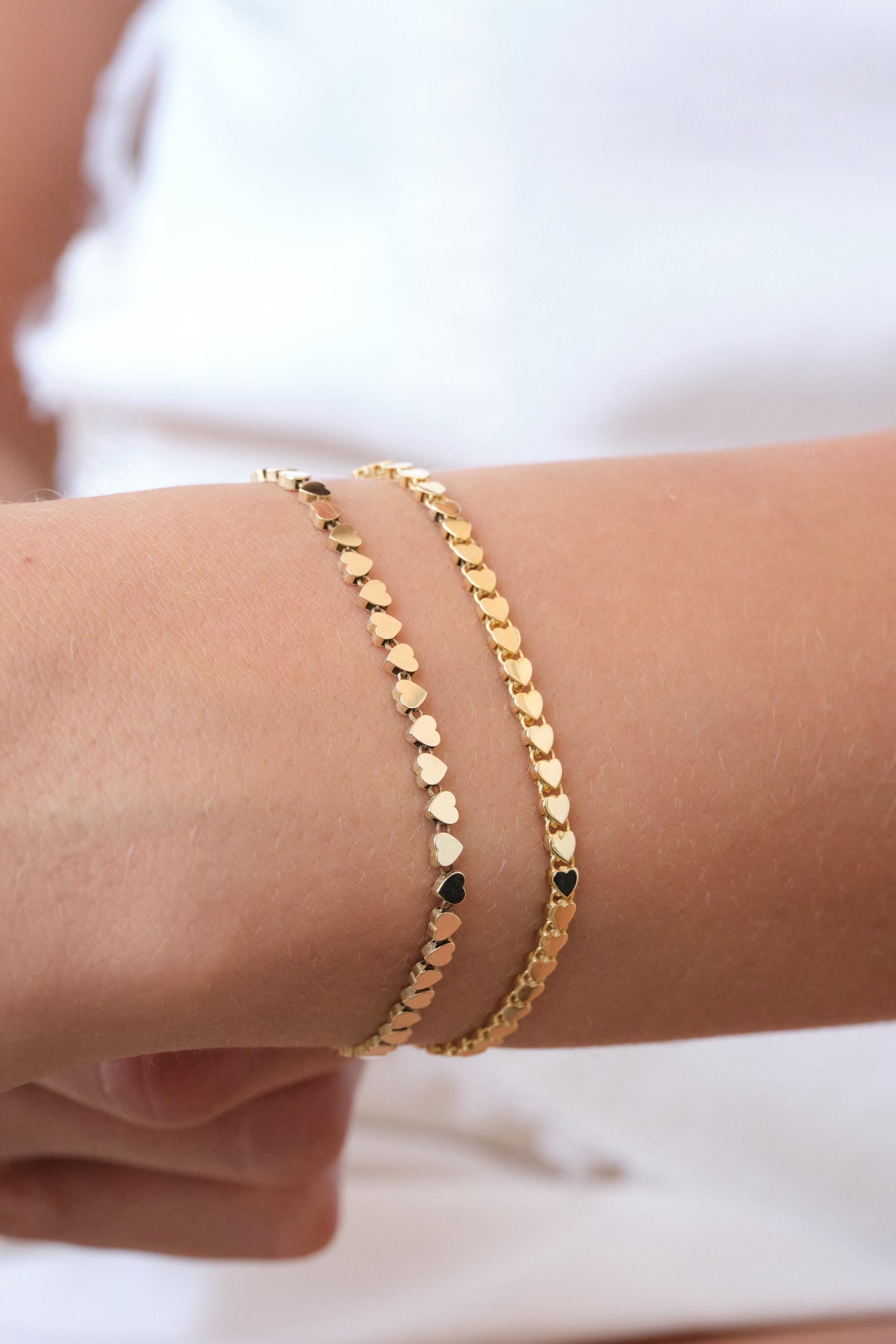 14K Gold Heart Bracelet, 3mm Minimal Dainty Gold Bracelet, Heart Charm Jewelry Gift for Her
