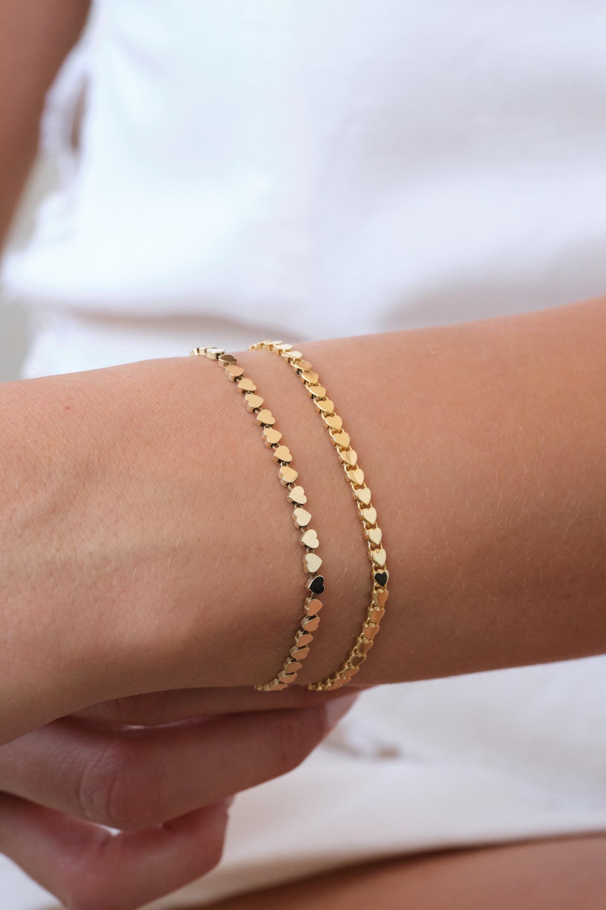 14K Gold Heart Bracelet, 3mm Minimal Dainty Gold Bracelet, Heart Charm Jewelry Gift for Her