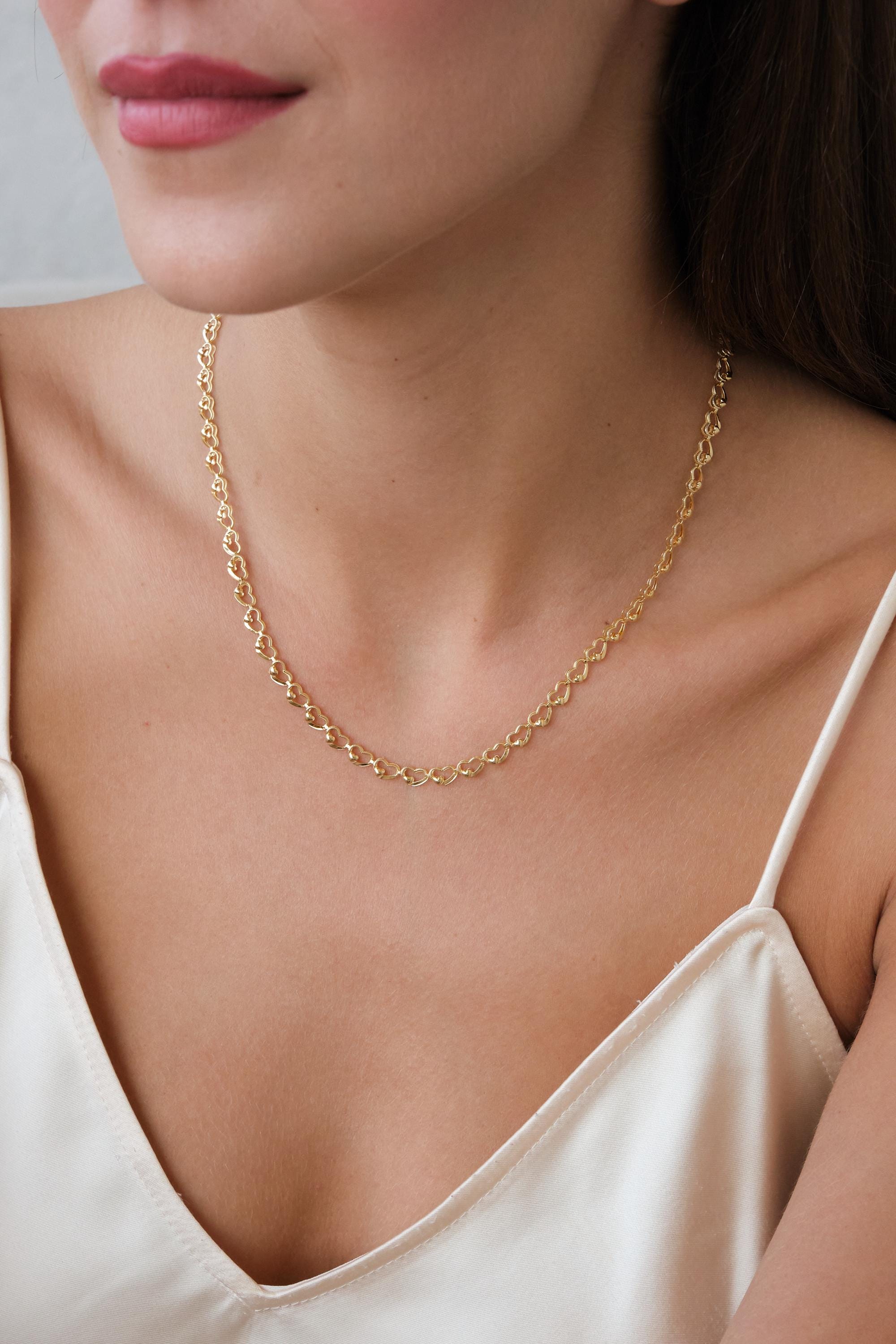 14K Gold Heart Chain Necklace, Minimal Gold Necklace, Dainty Heart Link Necklace, Everyday Gold Jewelry Gift for Her