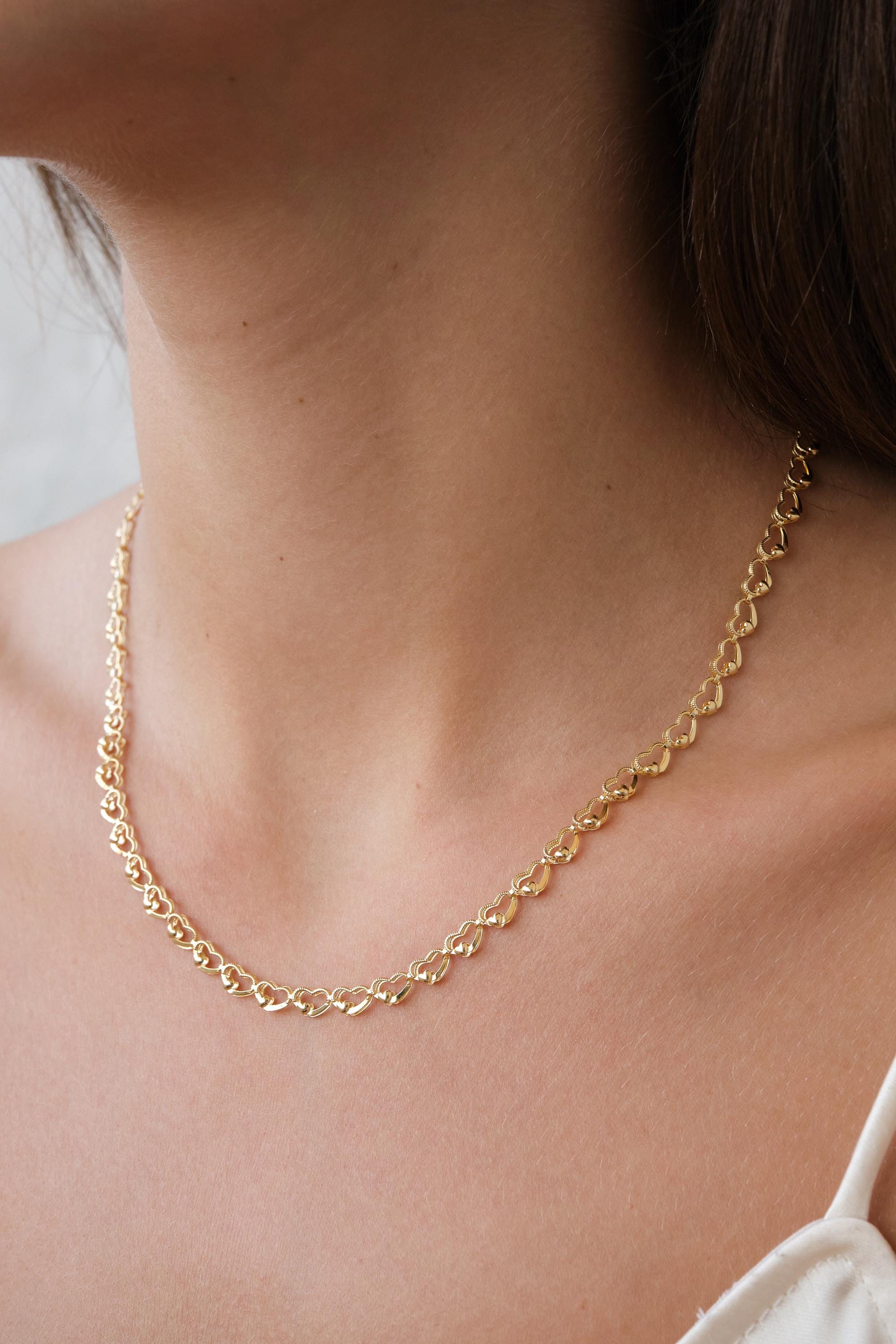 14K Gold Heart Chain Necklace, Minimal Gold Necklace, Dainty Heart Link Necklace, Everyday Gold Jewelry Gift for Her