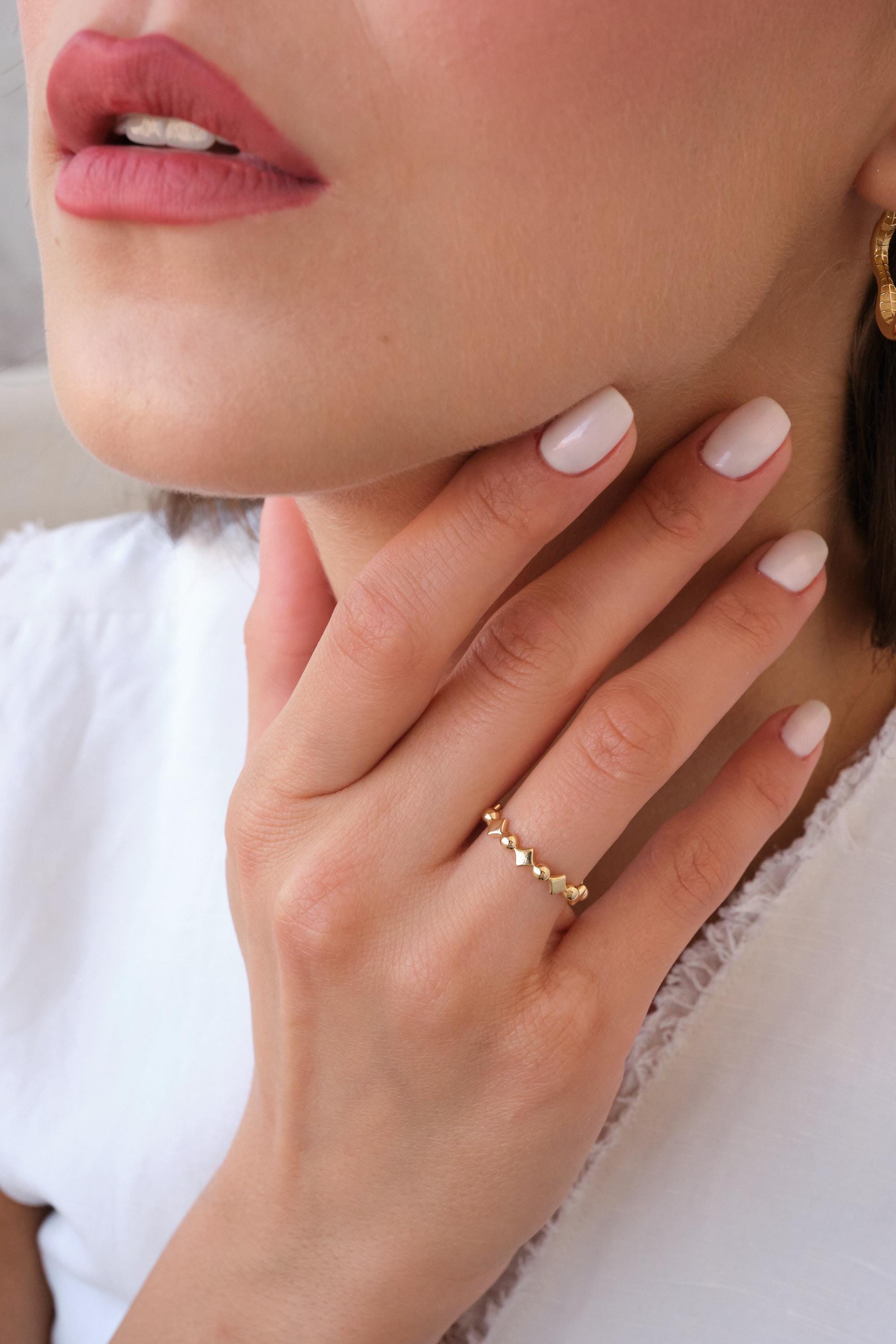 14K Gold Beaded Ring, Zigzag Bead Band, Minimal Gold Ring, Dainty Stacking Ring, Modern Everyday Gold Band