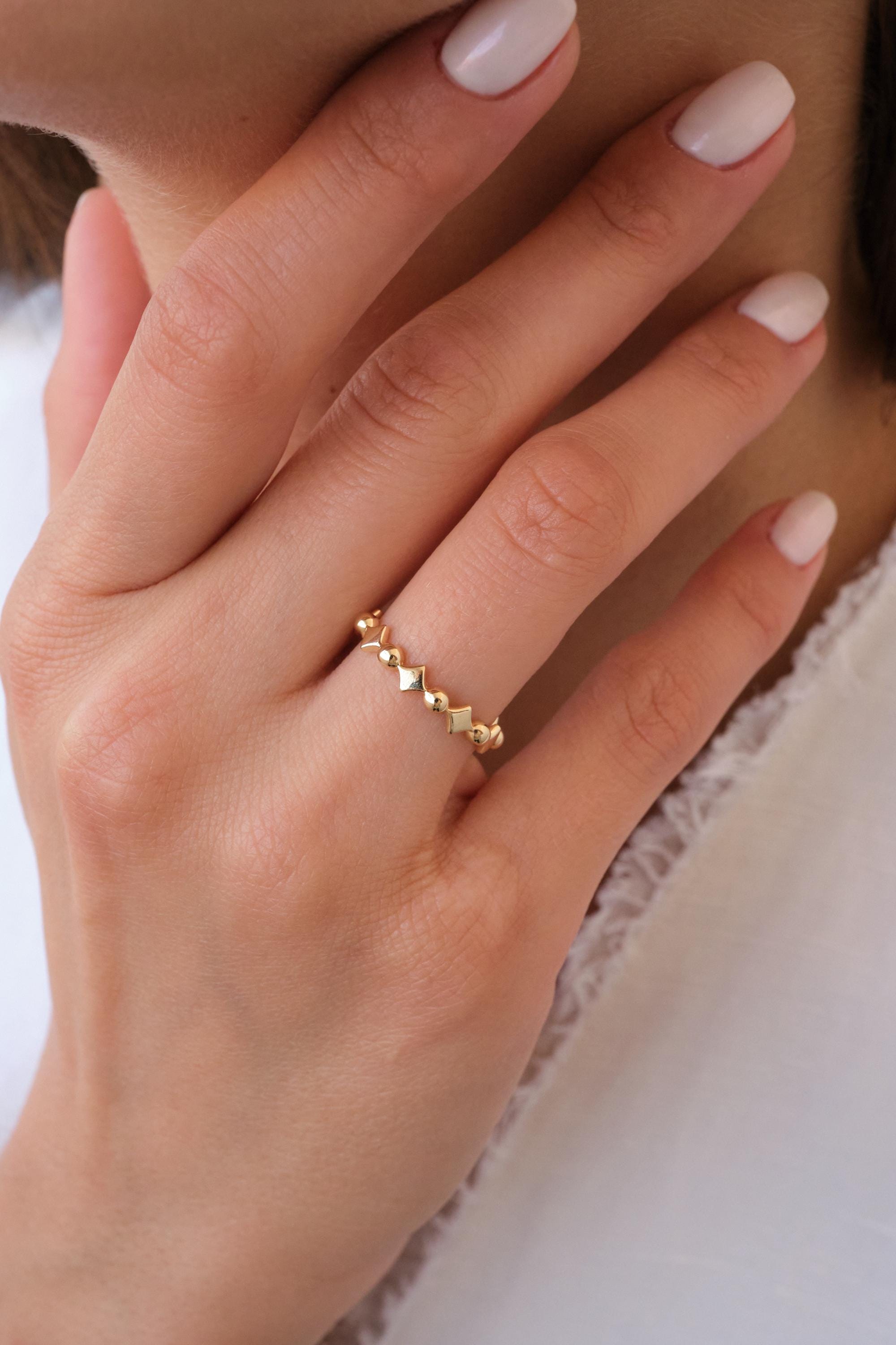 14K Gold Beaded Ring, Zigzag Bead Band, Minimal Gold Ring, Dainty Stacking Ring, Modern Everyday Gold Band