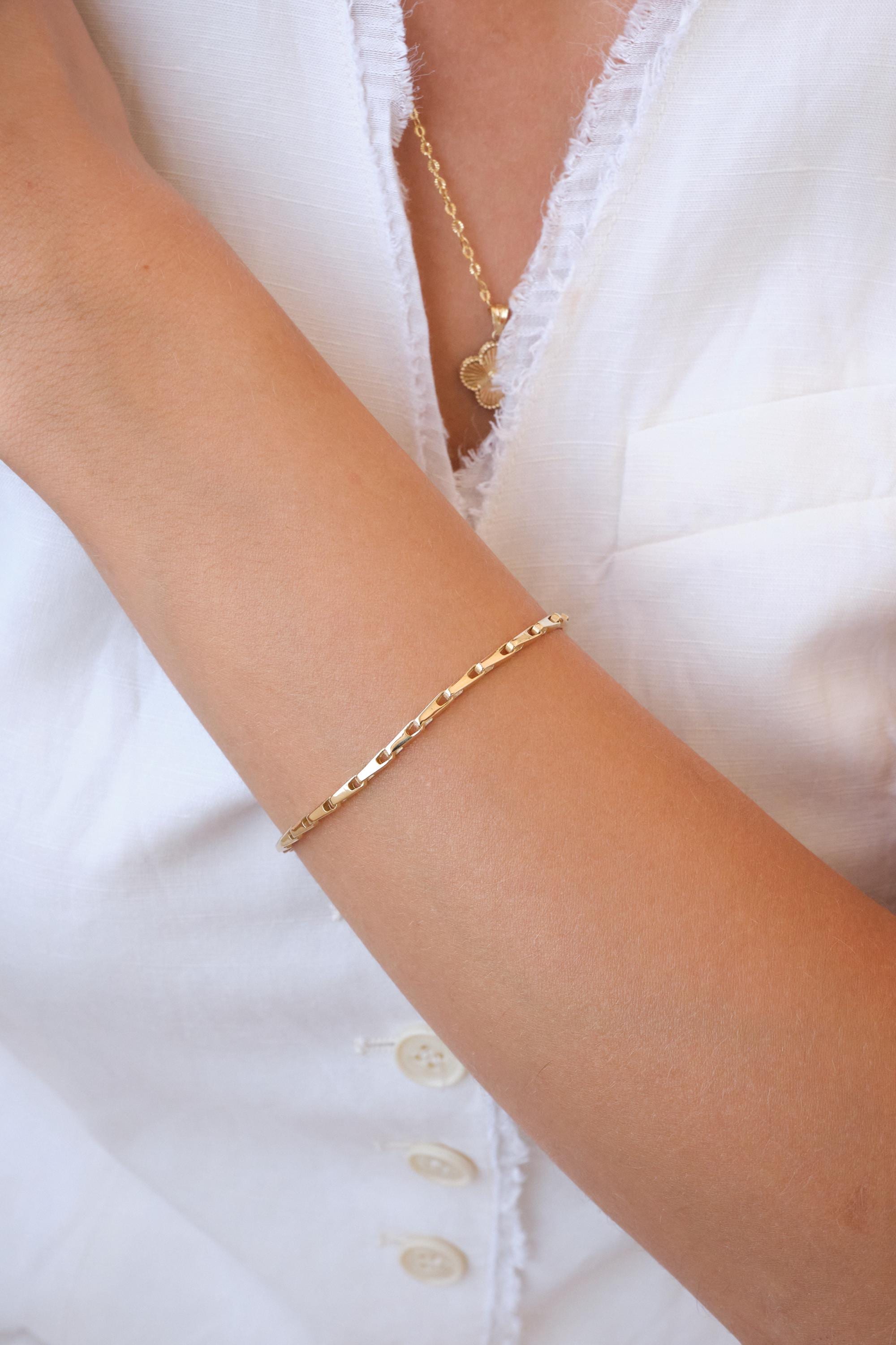 14K Gold Bar Link Bracelet, 2.50mm Minimal Gold Chain Bracelet, Dainty Flat Link Bracelet, Everyday Gold Bracelet, Gift for Her
