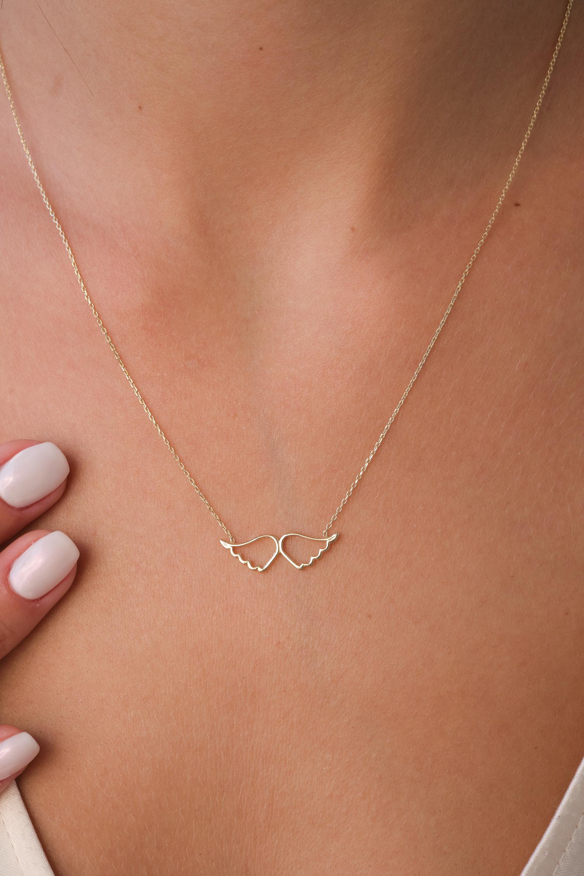 14K Gold Angel Wings Necklace, Open Wing Heart Pendant, Minimal Real Gold Necklace, Symbolic Love Jewelry, Meaningful Gift for Her