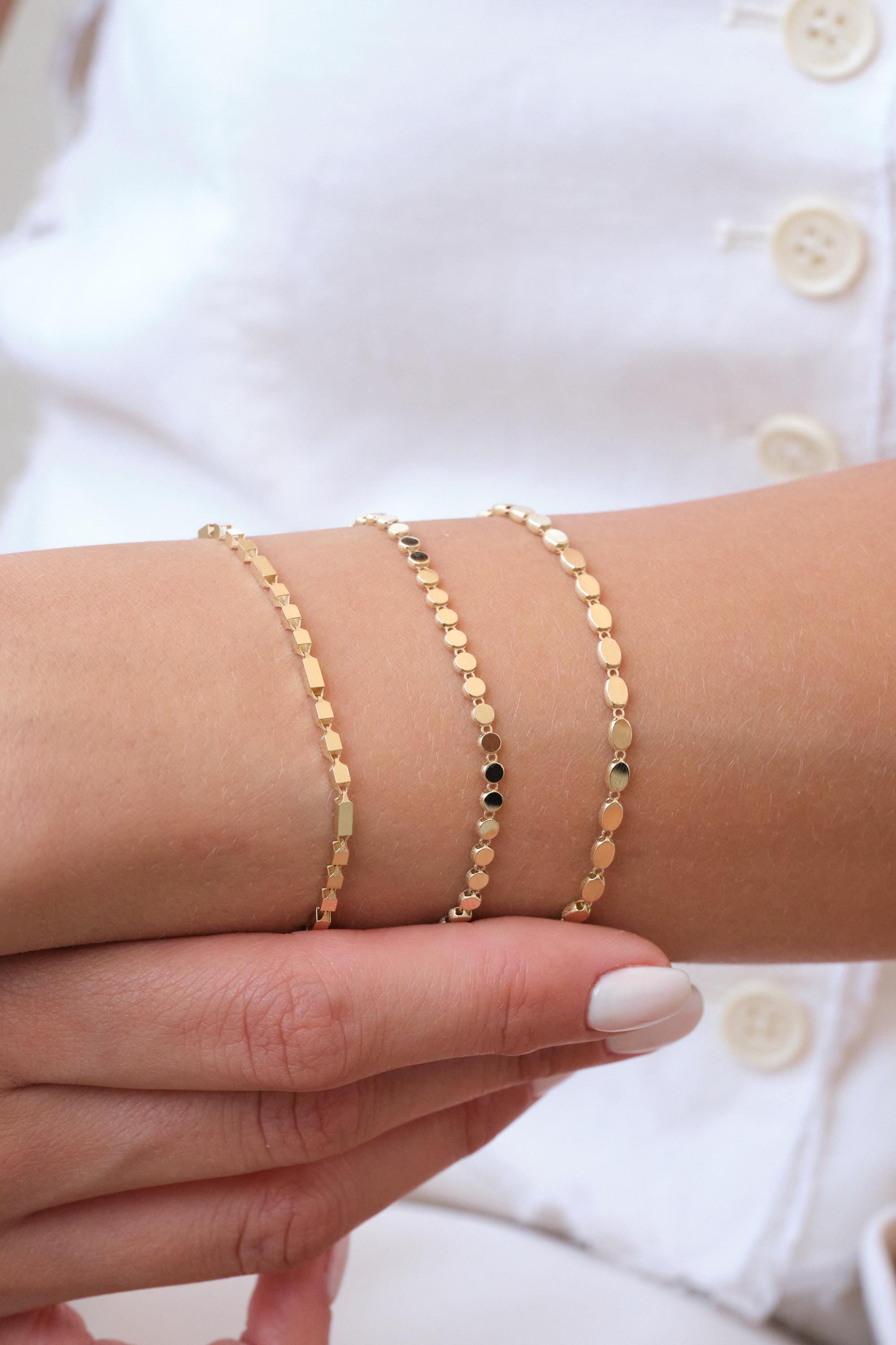 14K Gold Disc Chain Bracelet, 3mm Flat Dot Gold Bracelet, Minimal Everyday Gold Chain, Solid Gold Stacking Bracelet Gift for Her