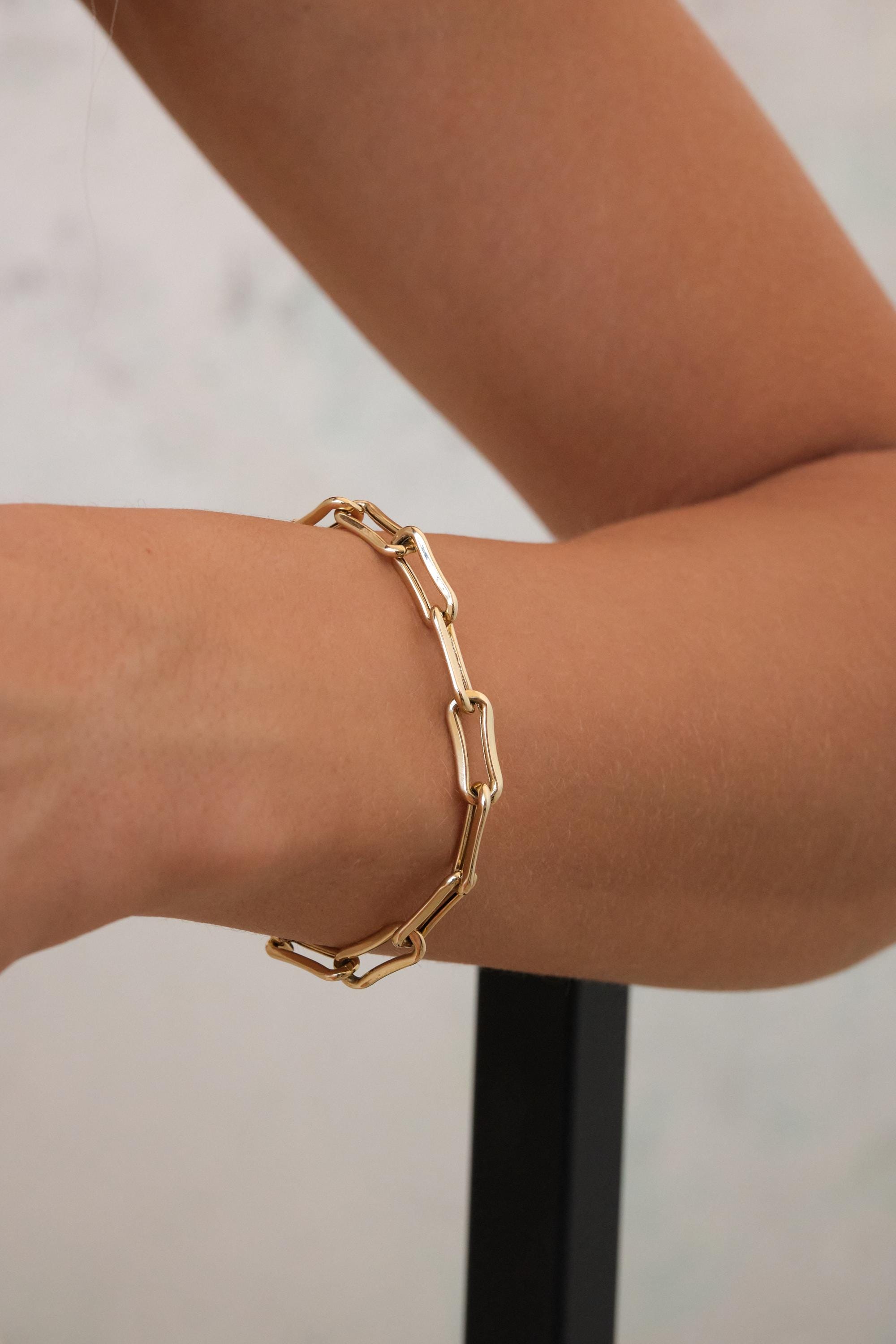 14K Gold Paperclip Chain Bracelet, Elongated Link Gold Bracelet, Minimal Solid Gold Chain, Everyday Stacking Bracelet Gift