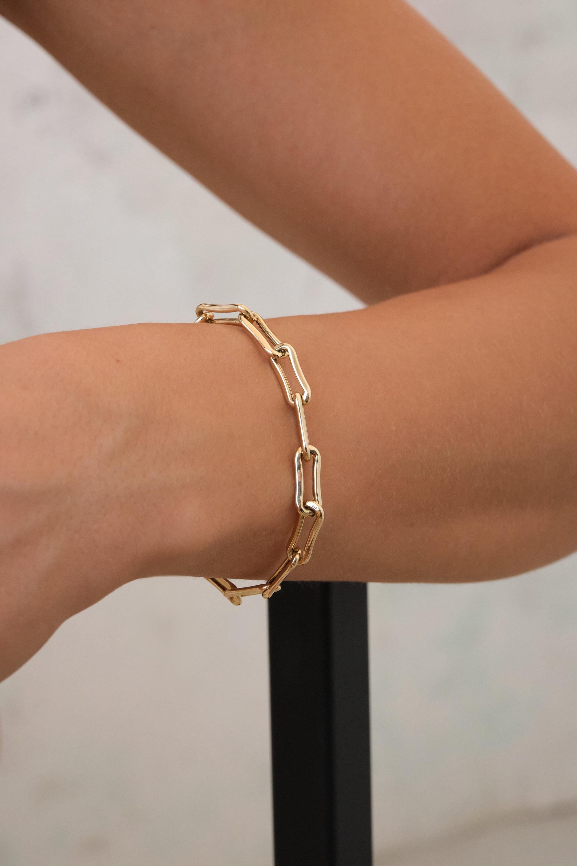 14K Gold Paperclip Chain Bracelet, Elongated Link Gold Bracelet, Minimal Solid Gold Chain, Everyday Stacking Bracelet Gift