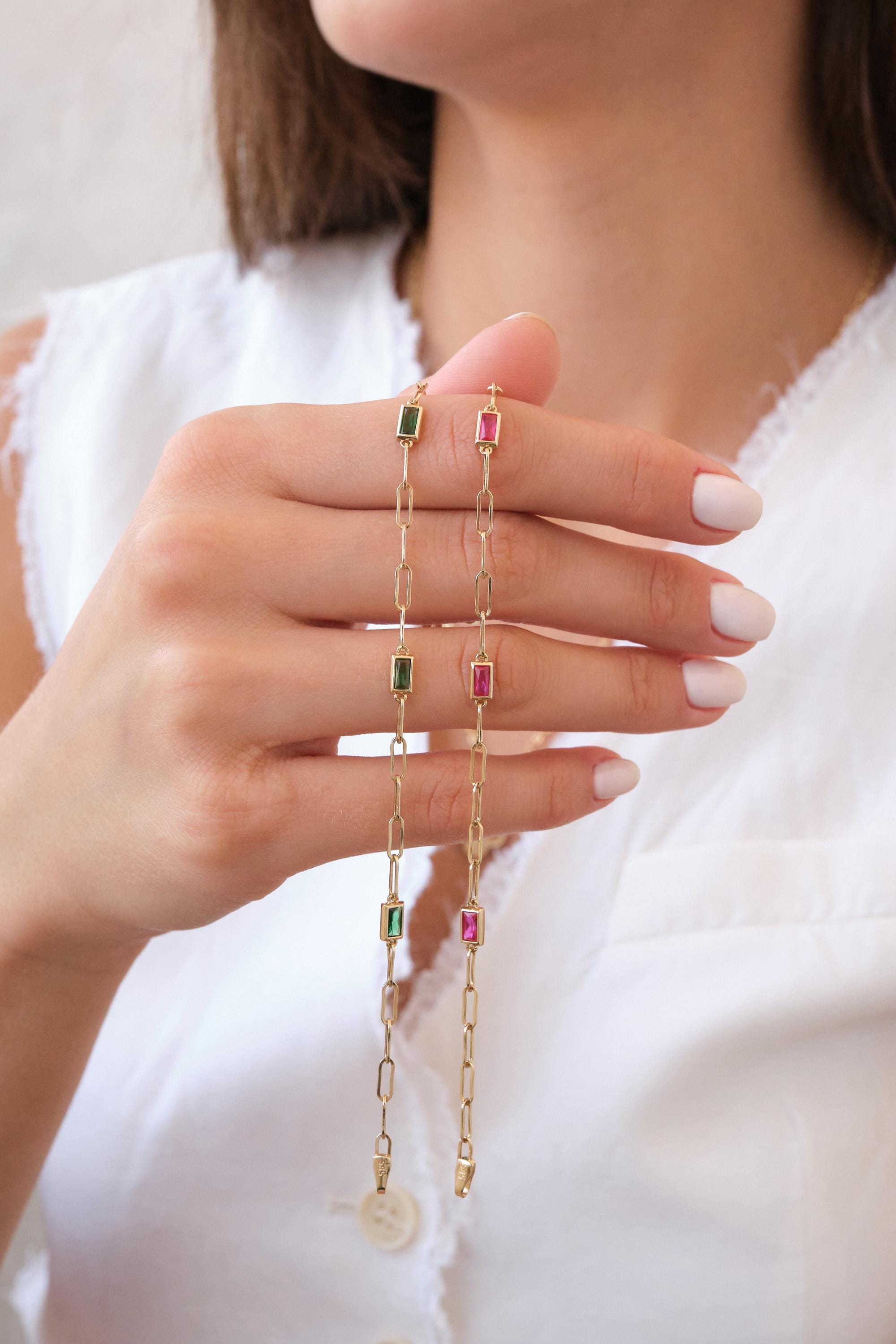 14K Gold Paperclip Chain Bracelet, Gemstone Link Bracelet, Dainty Gold Bracelet, Minimal Everyday Gold Jewelry Gift for Her