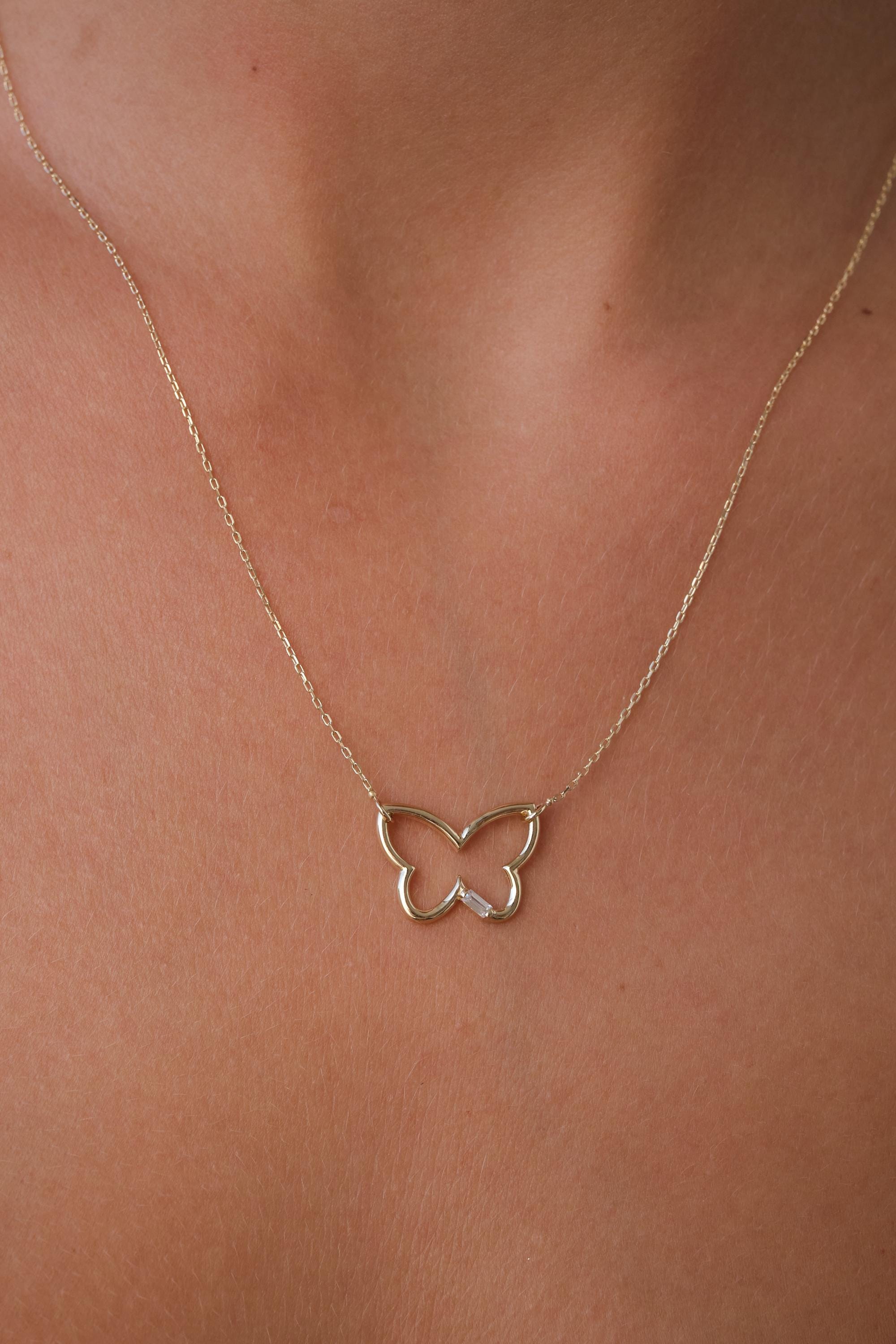 14K Gold Butterfly Necklace, Minimal Gold Pendant Necklace, Dainty Everyday Gold Jewelry, Simple Butterfly Necklace Gift for Her