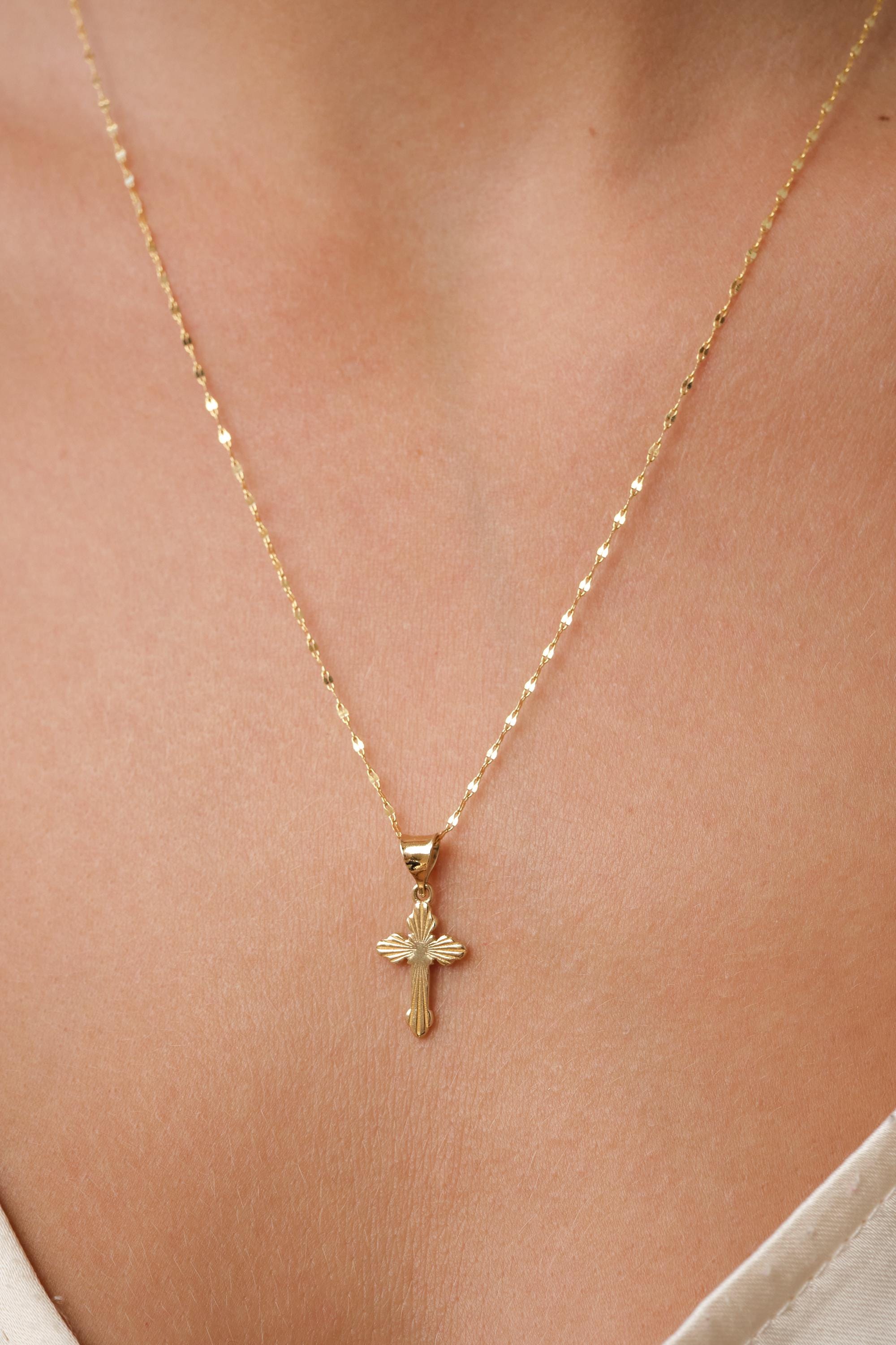 14K Gold Cross Necklace, Minimal Gold Cross Pendant, Dainty Everyday Gold Sequin Mirror Necklace, Religious Gold Jewelry Gift for Her