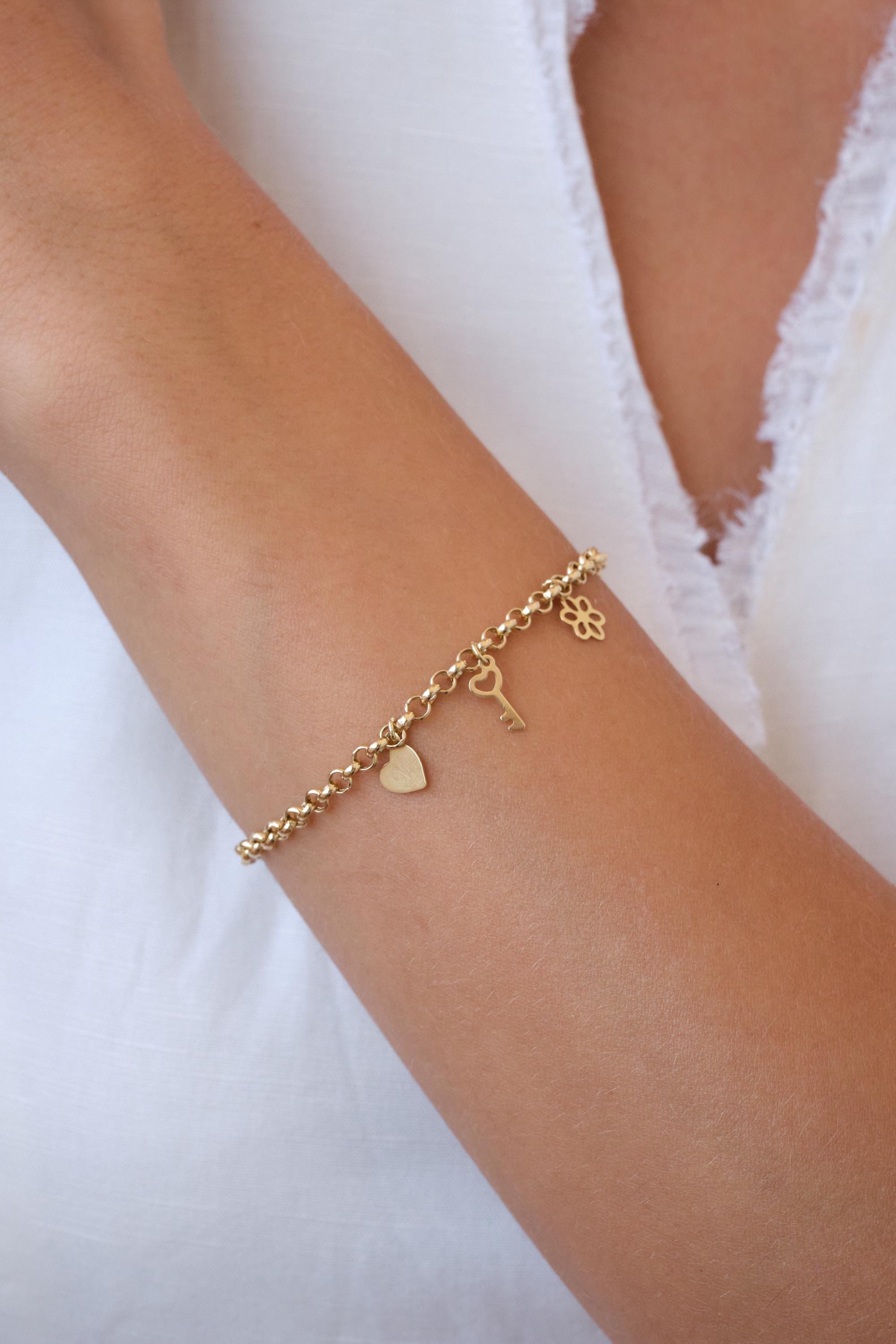 14K Gold Charm Bracelet, Initial Heart Charm Bracelet, Dainty Gold Chain Bracelet with Key Charm, Personalized Gold Jewelry Gift