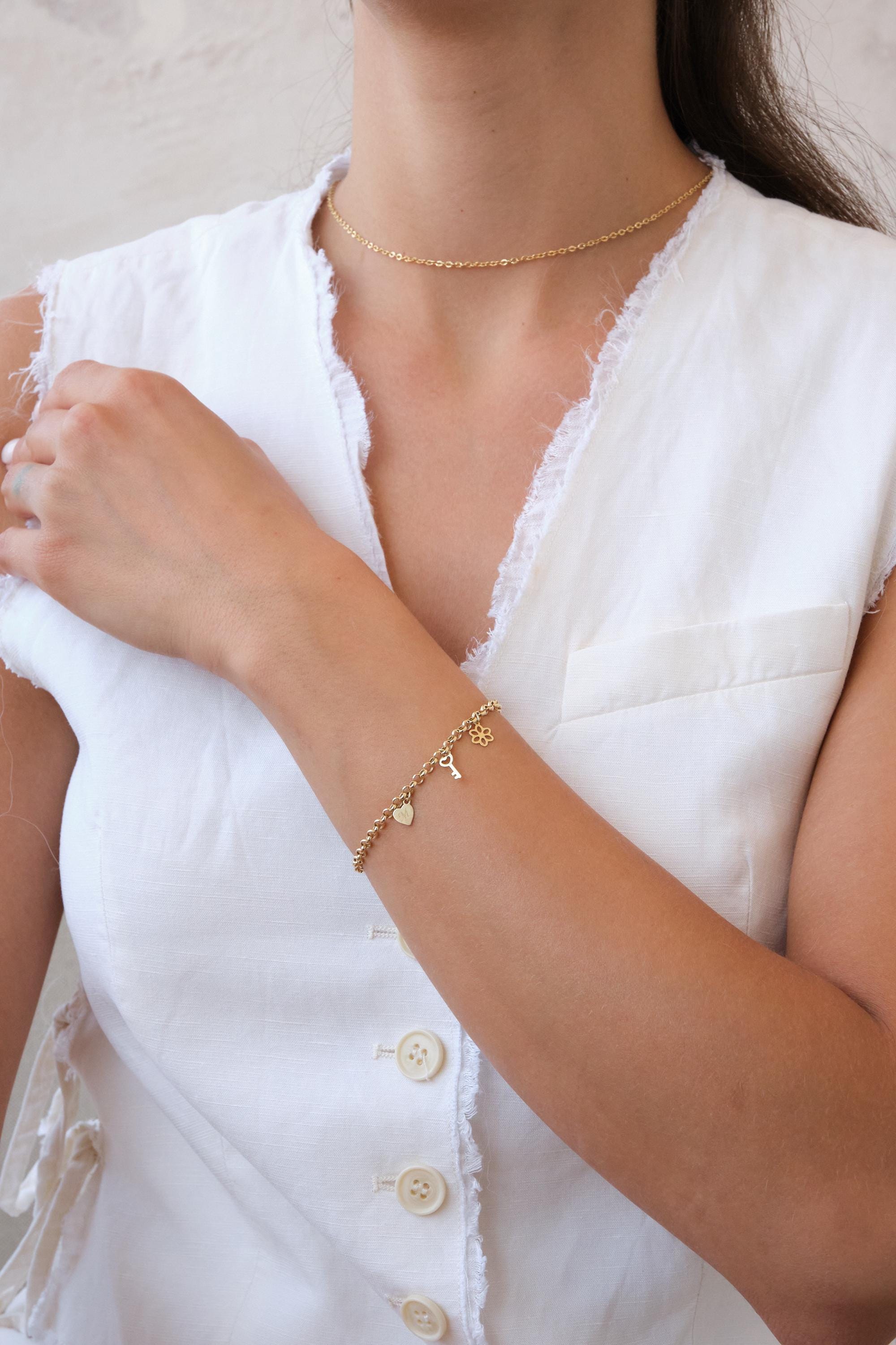 14K Gold Charm Bracelet, Initial Heart Charm Bracelet, Dainty Gold Chain Bracelet with Key Charm, Personalized Gold Jewelry Gift