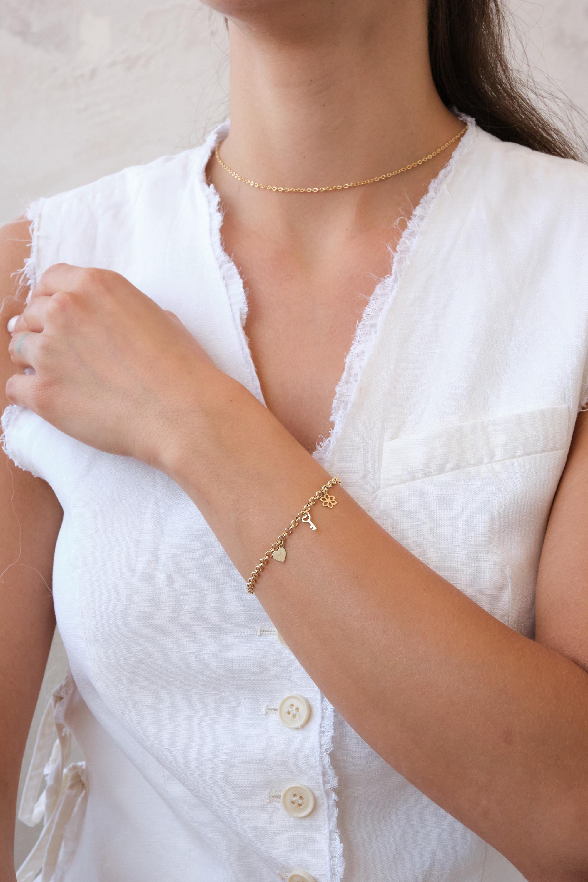 14K Gold Charm Bracelet, Initial Heart Charm Bracelet, Dainty Gold Chain Bracelet with Key Charm, Personalized Gold Jewelry Gift